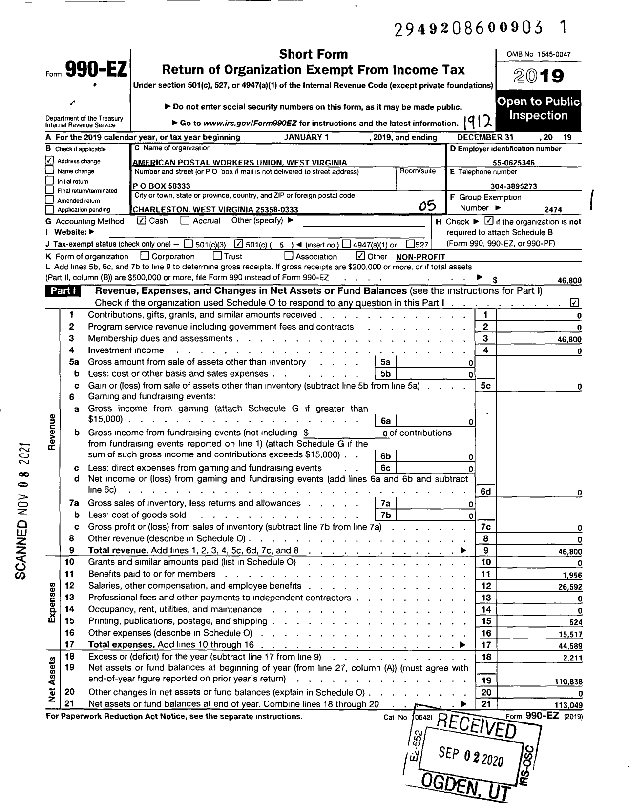 Image of first page of 2019 Form 990EO for American Postal Workers Union - WV Postal Workers Union