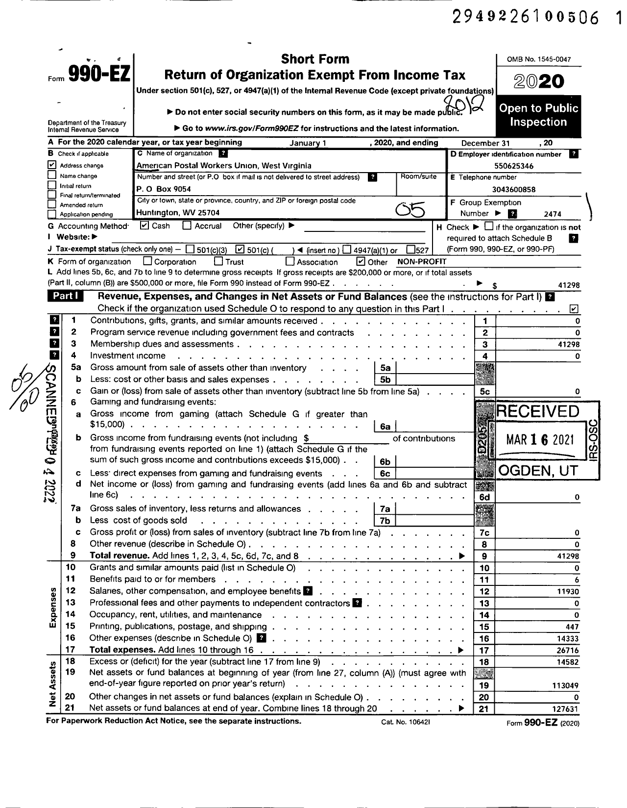 Image of first page of 2020 Form 990EO for American Postal Workers Union West Virginia