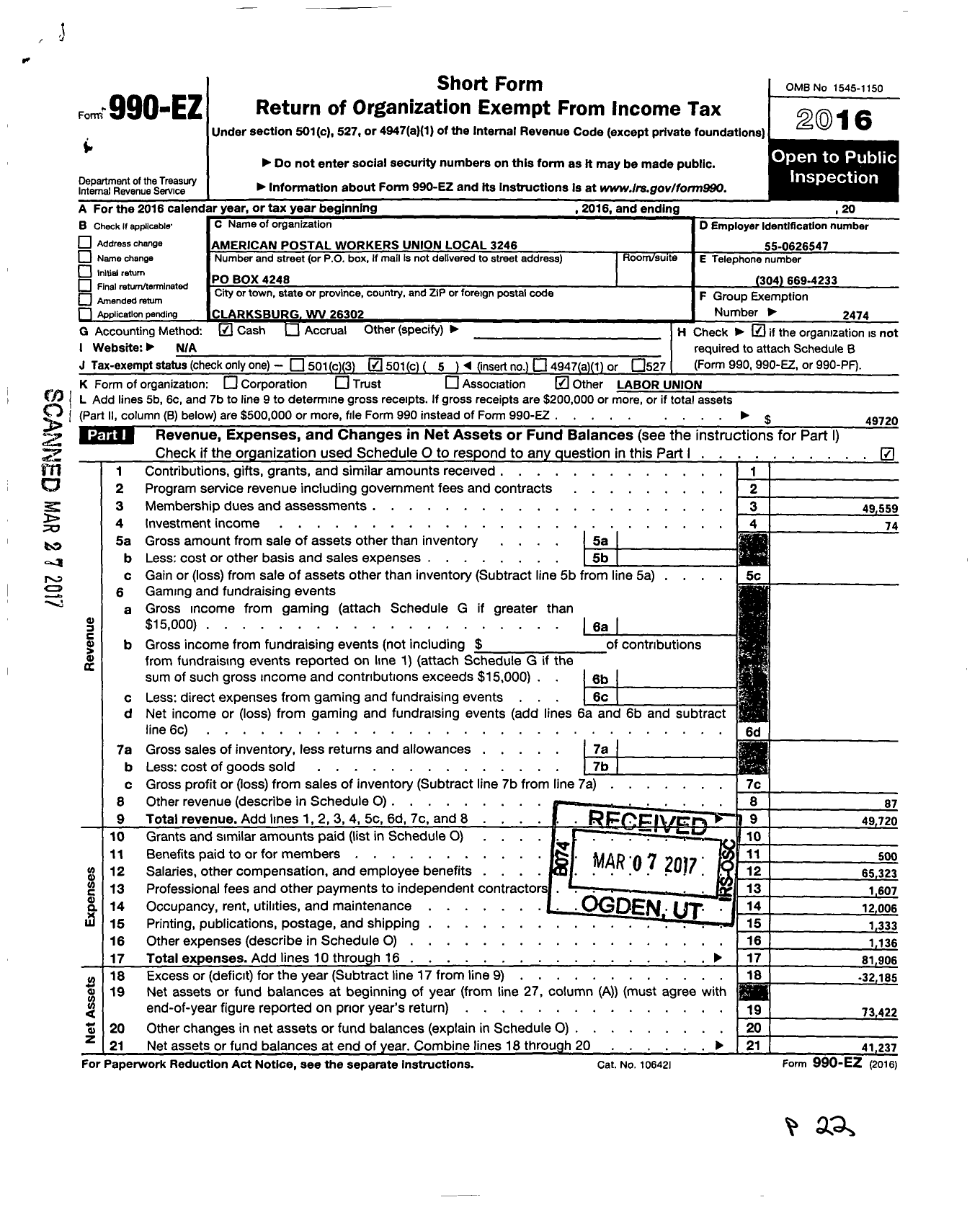 Image of first page of 2016 Form 990EO for American Postal Workers Union - 3264 Clarksburg Local