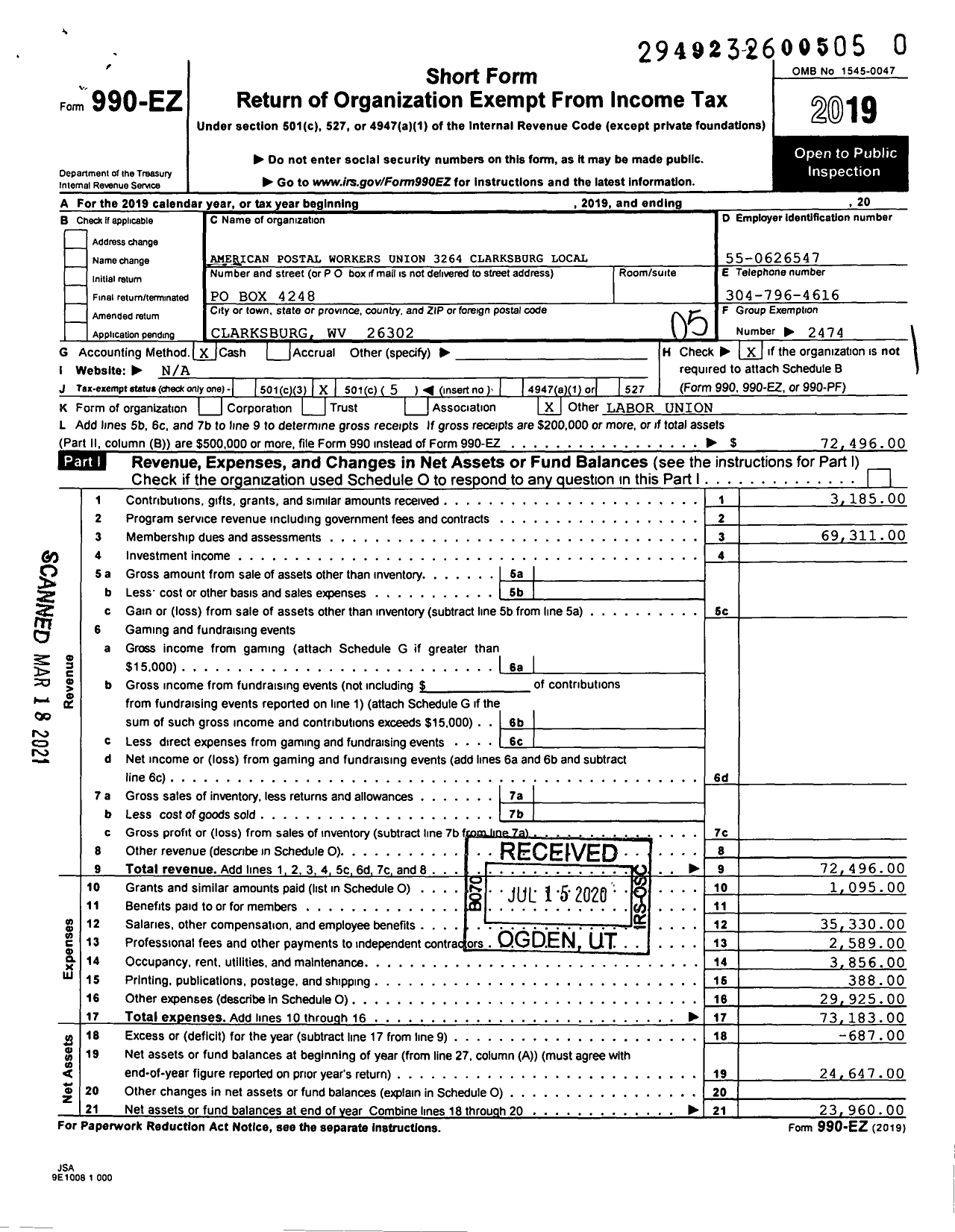 Image of first page of 2019 Form 990EO for American Postal Workers Union - 3264 Clarksburg Local