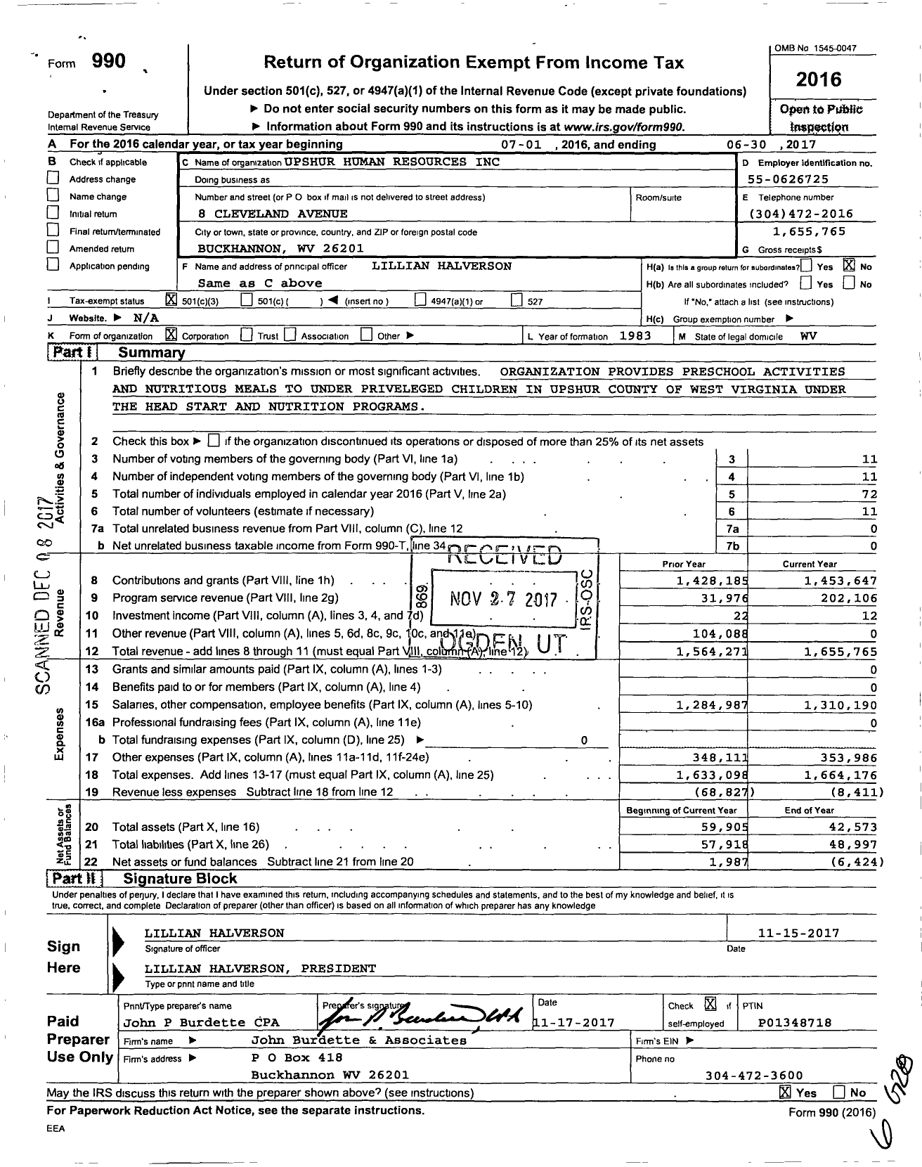 Image of first page of 2016 Form 990 for Upshur Human Resources