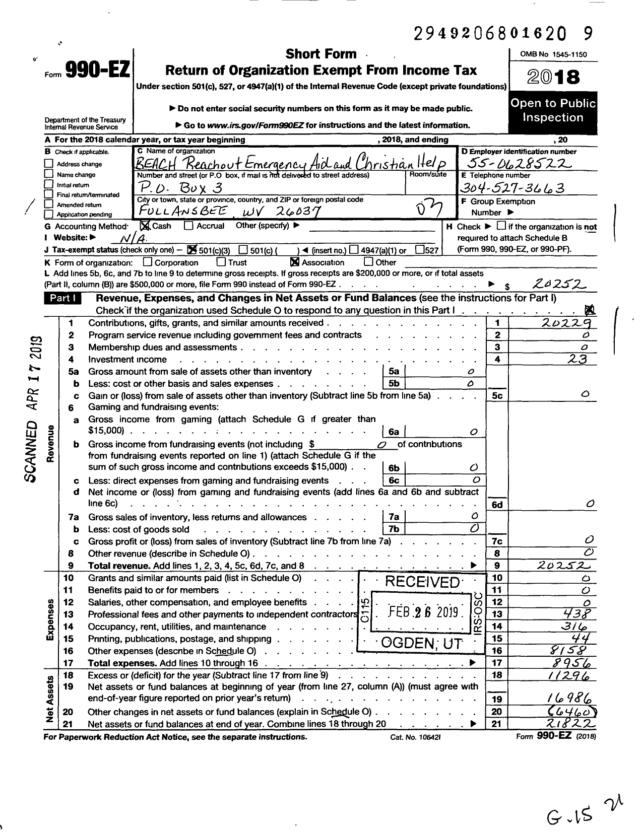 Image of first page of 2018 Form 990EZ for R E A C H Reachout Emergency Aid and Christian Help