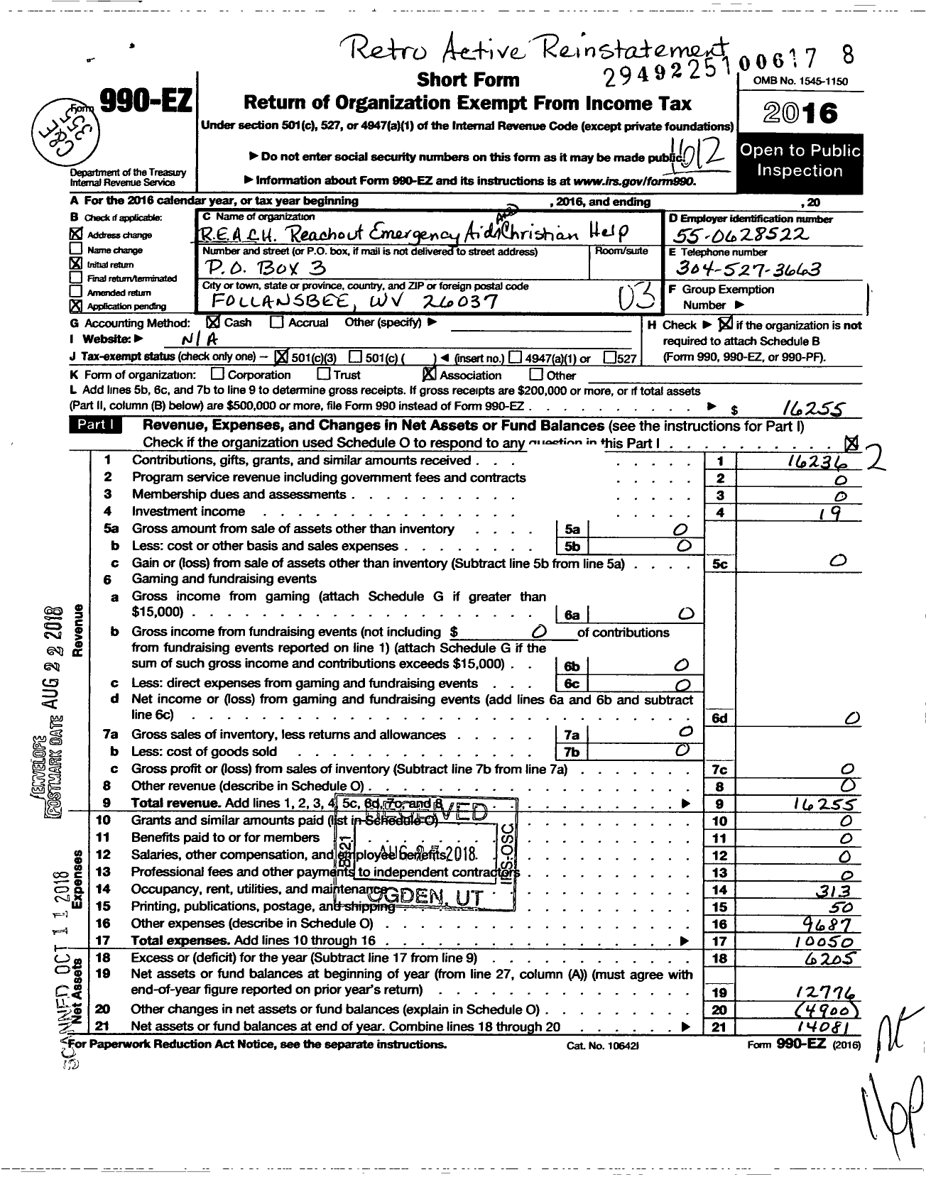 Image of first page of 2016 Form 990EZ for R E A C H Reachout Emergency Aid and Christian Help