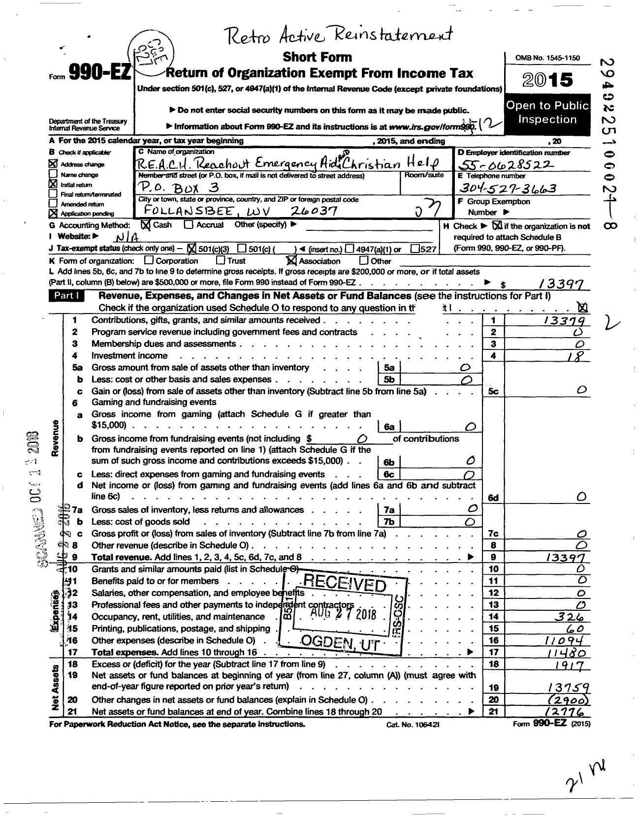 Image of first page of 2015 Form 990EZ for R E A C H Reachout Emergency Aid and Christian Help