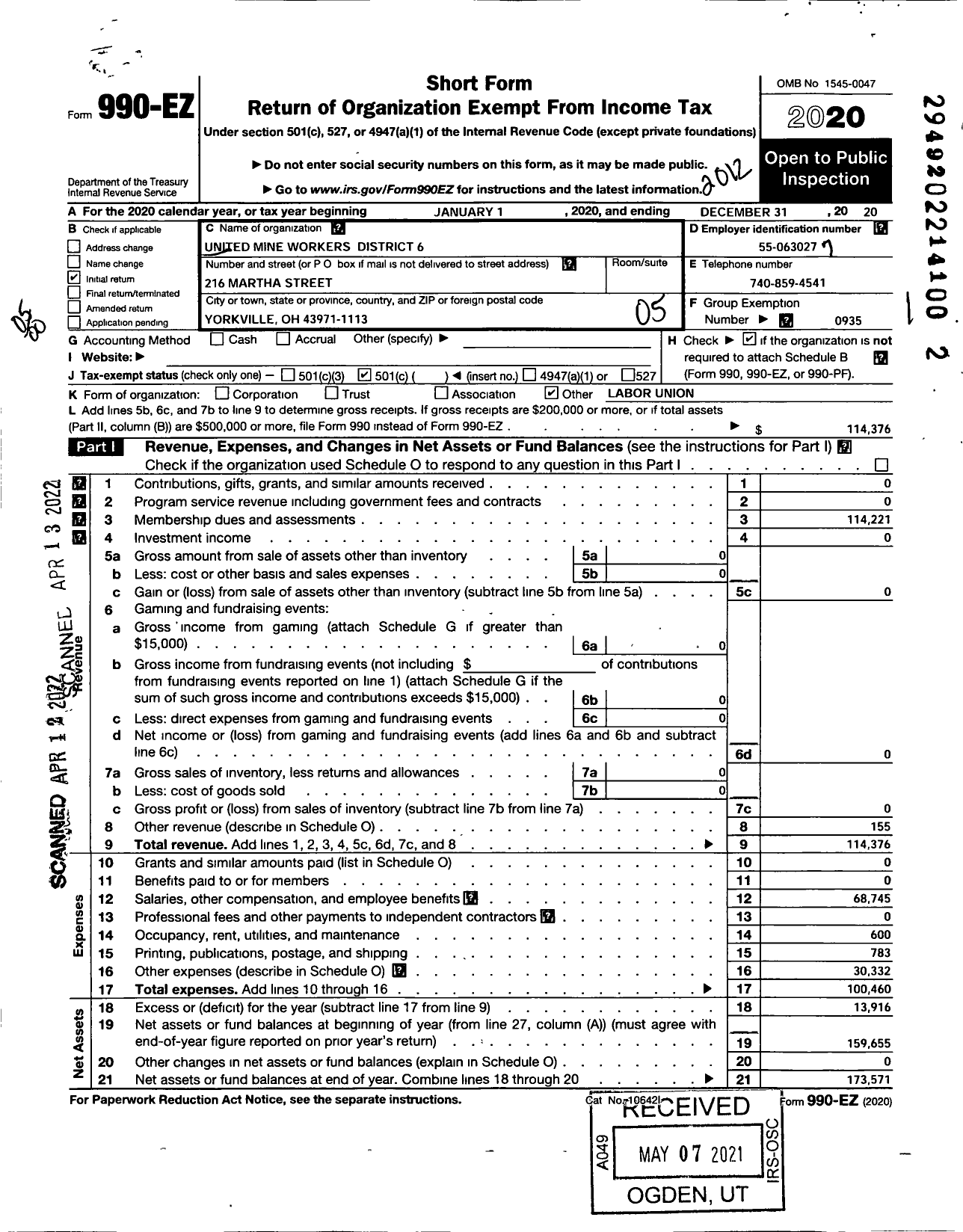 Image of first page of 2020 Form 990EO for United Mine Workers of America International - 1473 Umw