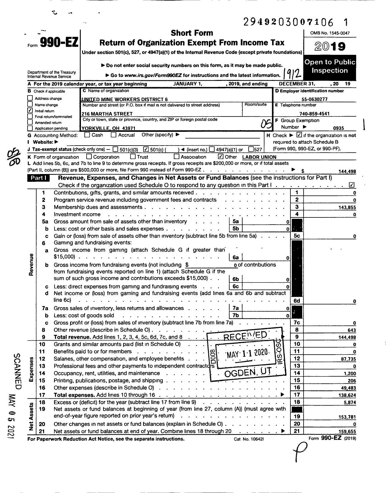 Image of first page of 2019 Form 990EO for United Mine Workers of America International - 1473 Umw