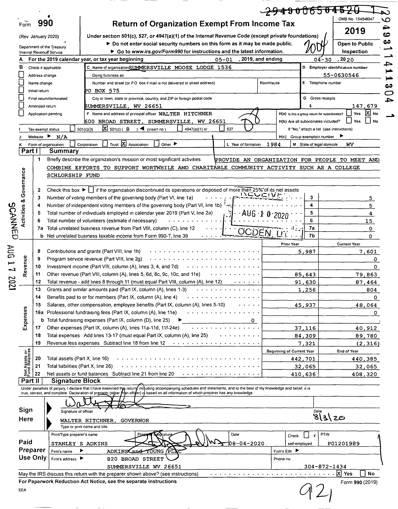 Image of first page of 2019 Form 990O for Loyal Order of Moose - 1536