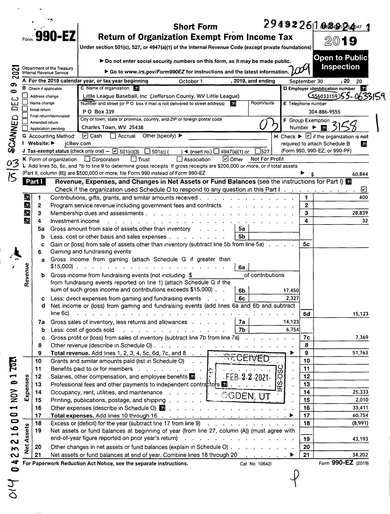 Image of first page of 2019 Form 990EZ for Little League Baseball - 3480607 Jefferson County LL