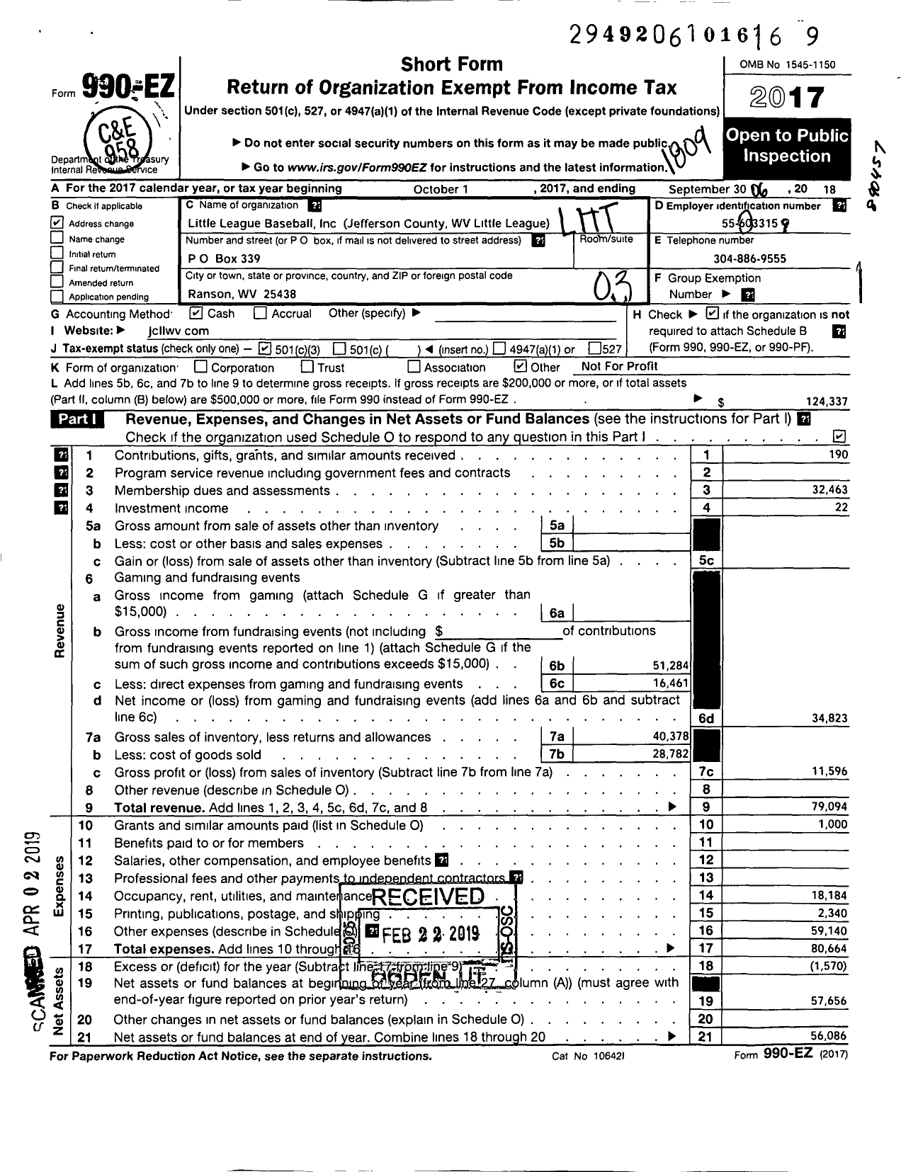 Image of first page of 2017 Form 990EZ for Little League Baseball - 3480607 Jefferson County LL