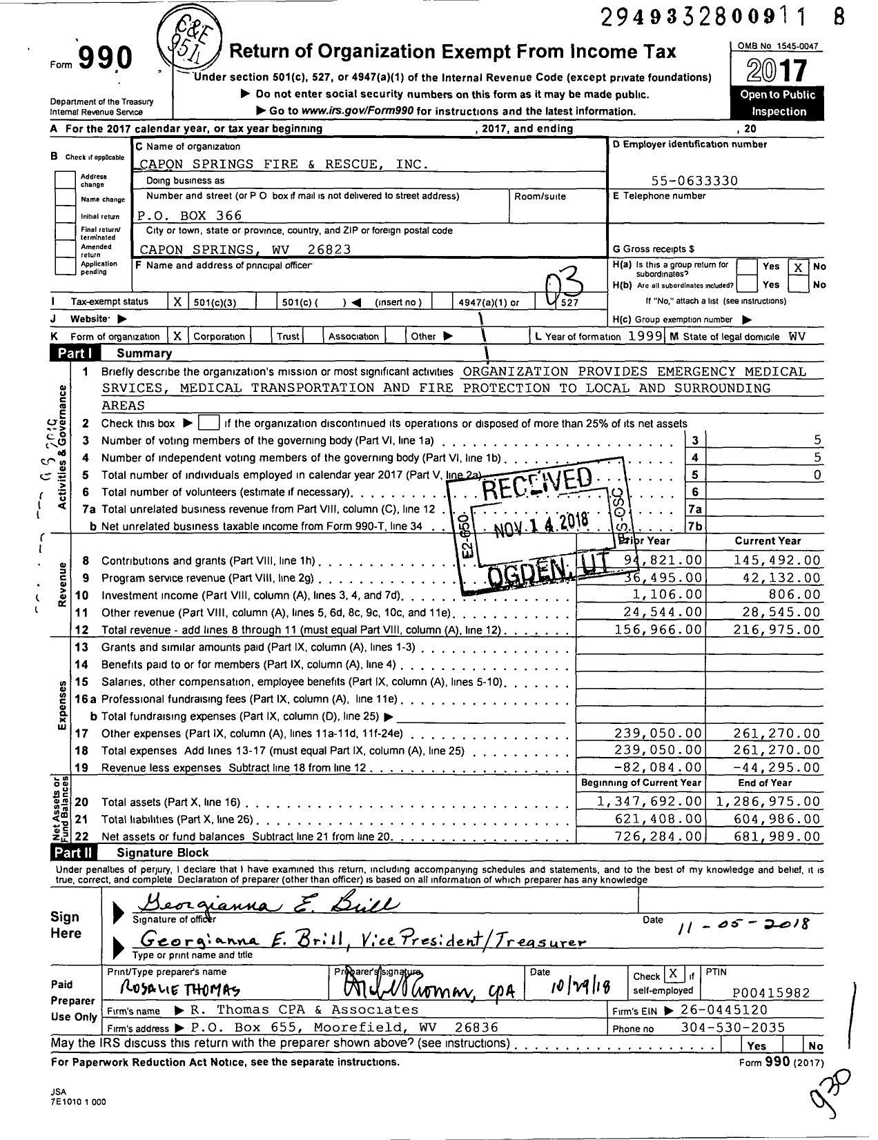 Image of first page of 2017 Form 990 for Capon Springs Volunteer Fire and Rescue