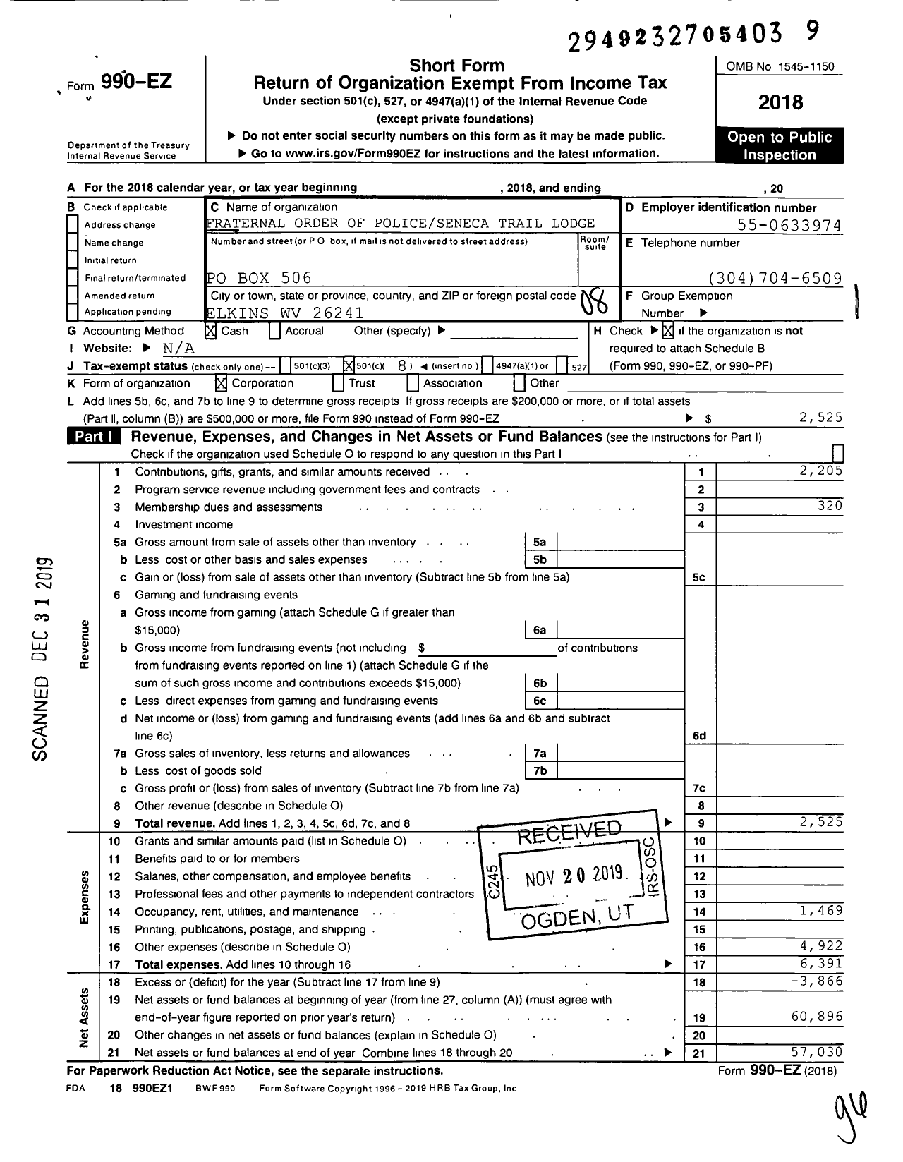 Image of first page of 2018 Form 990EO for Fraternal Order of Police - 104 Seneca Trail Lodge