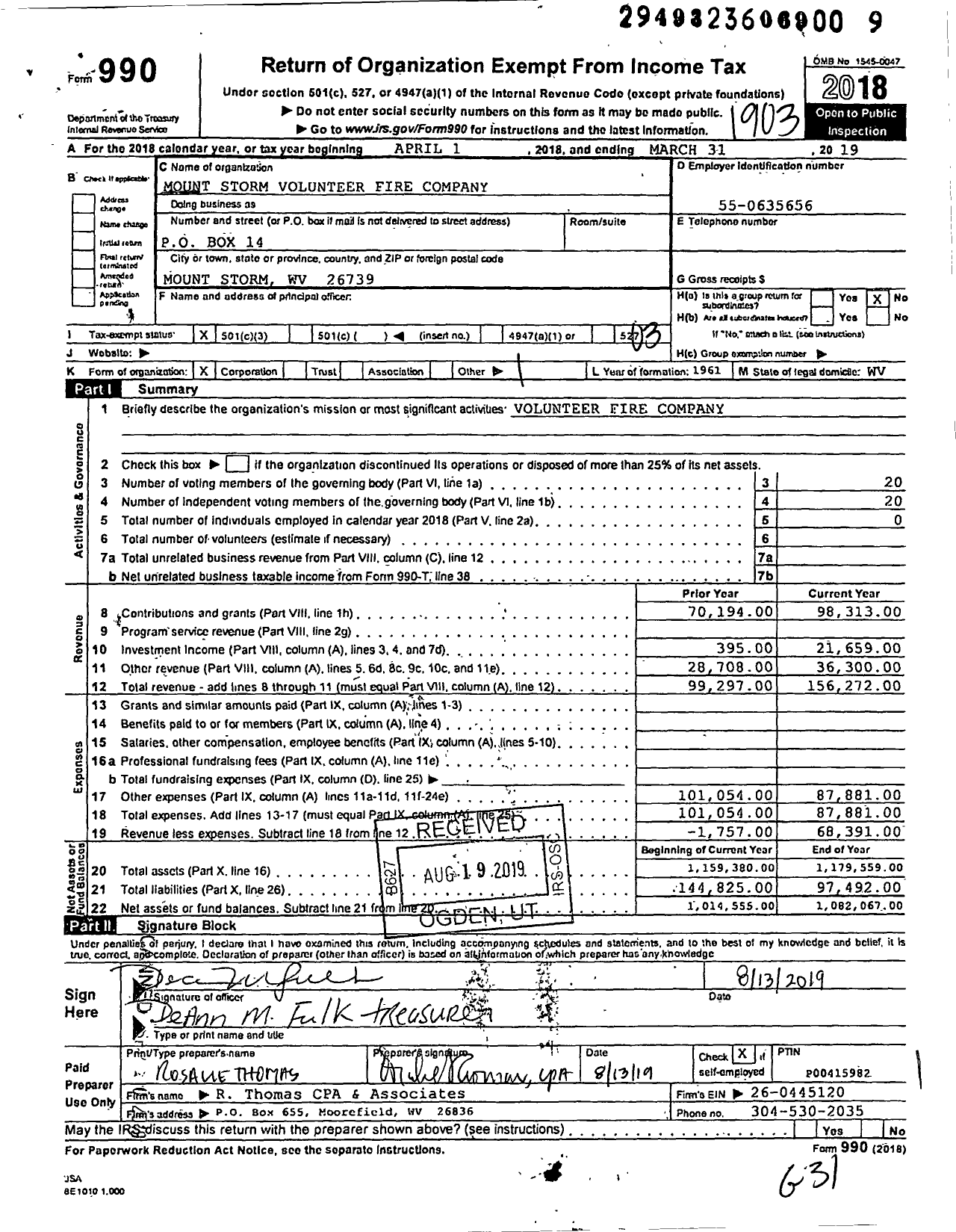 Image of first page of 2018 Form 990 for Mount Storm Volunteer Fire Department