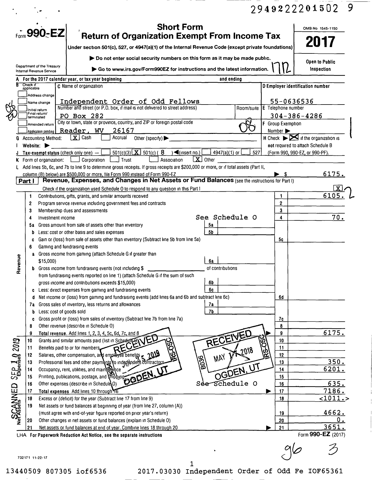 Image of first page of 2017 Form 990EO for Independent Order of Odd Fellows