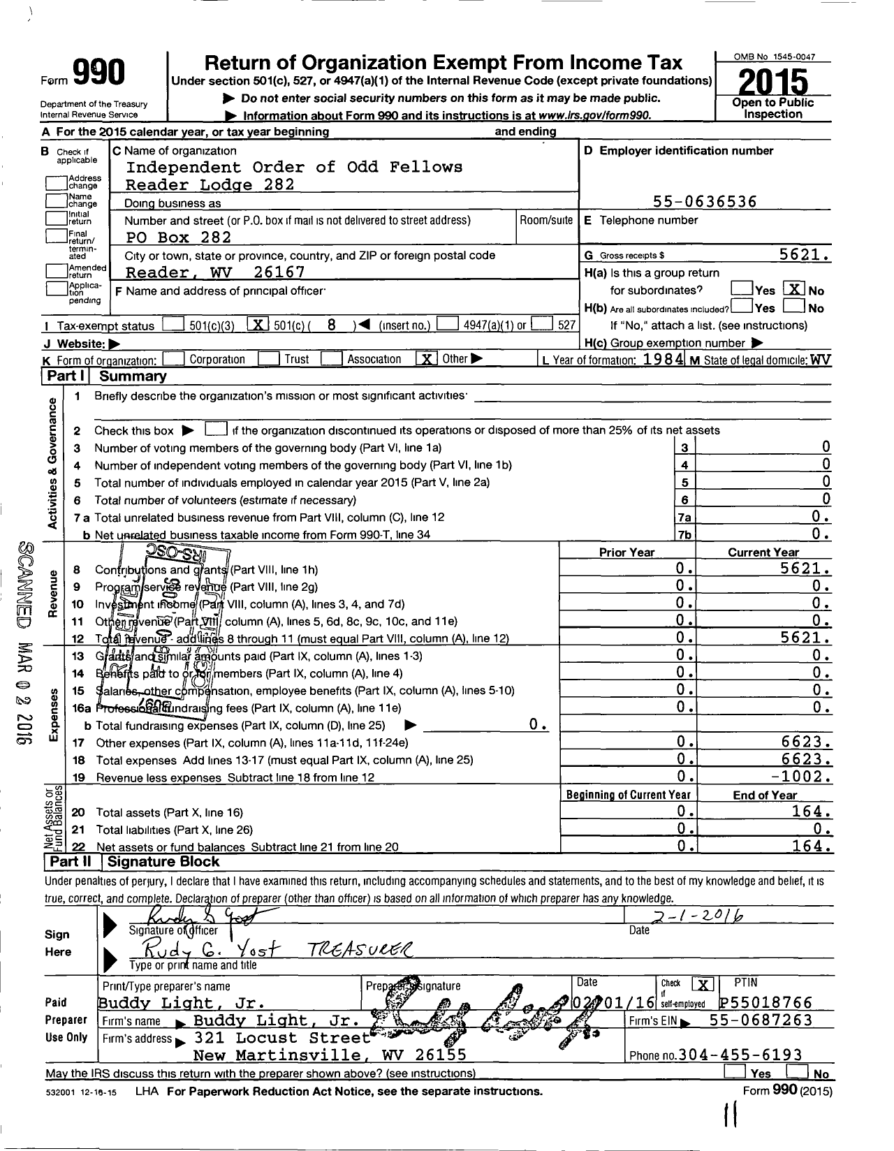 Image of first page of 2015 Form 990O for Independent Order of Odd Fellows