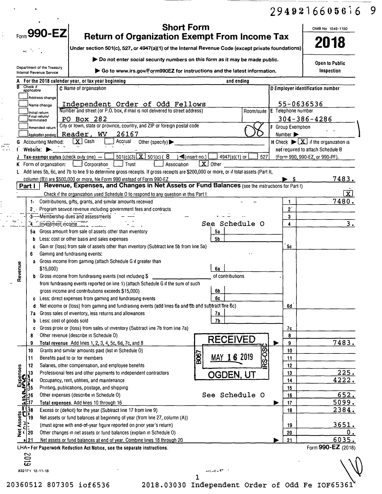 Image of first page of 2018 Form 990EO for Independent Order of Odd Fellows