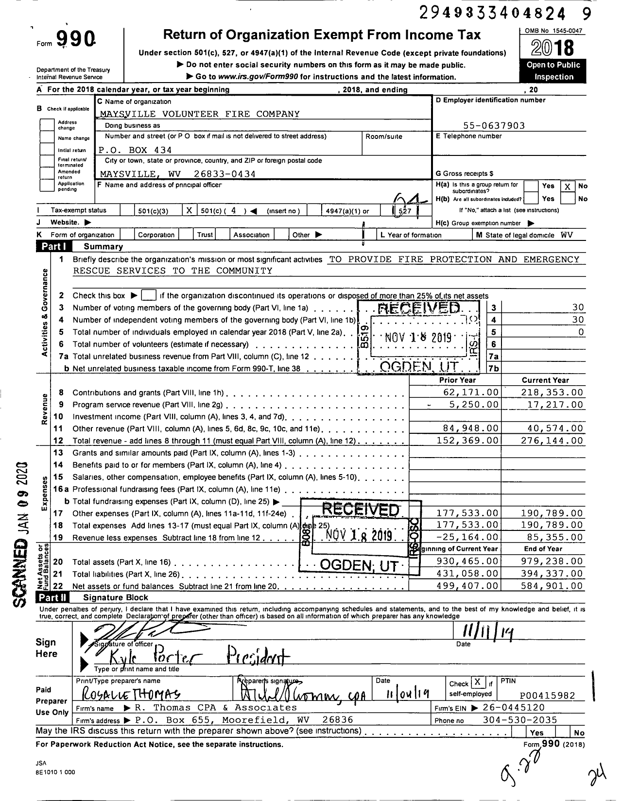 Image of first page of 2018 Form 990O for Maysville Volunteer Fire Company