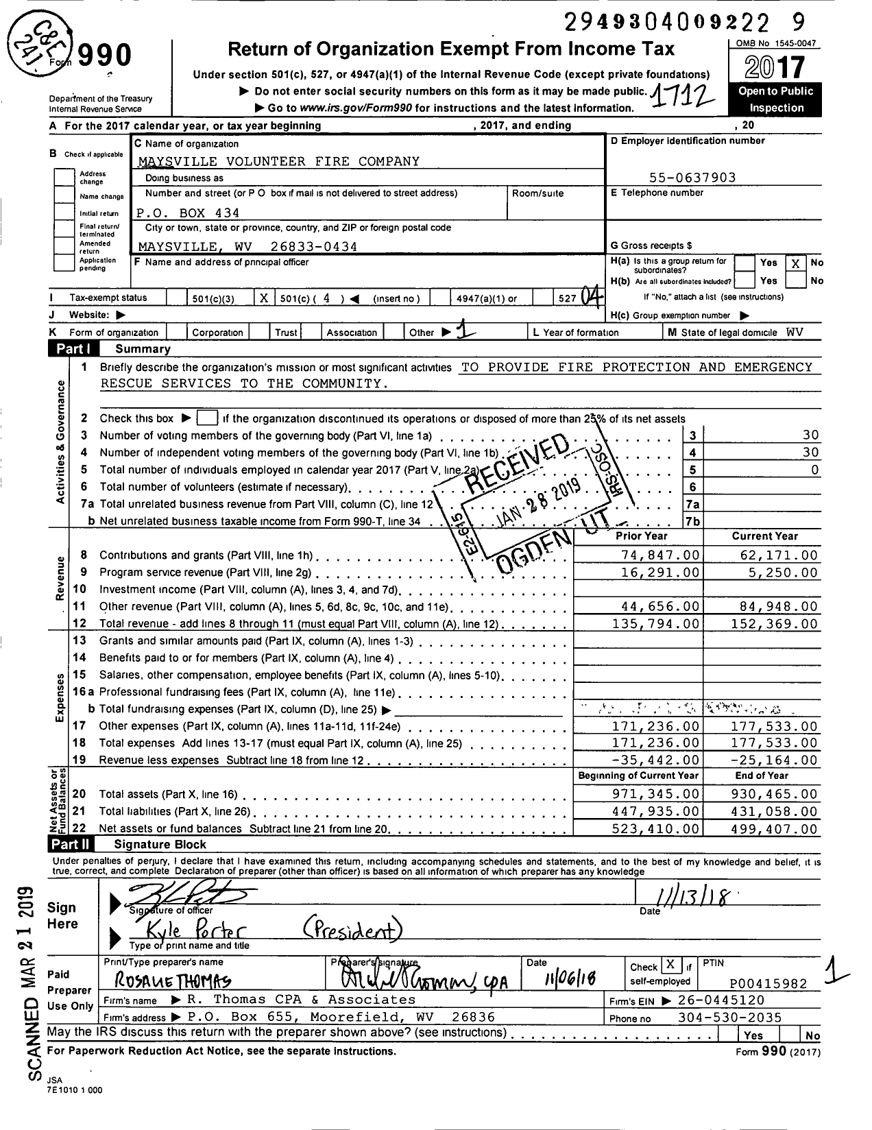 Image of first page of 2017 Form 990O for Maysville Volunteer Fire Company