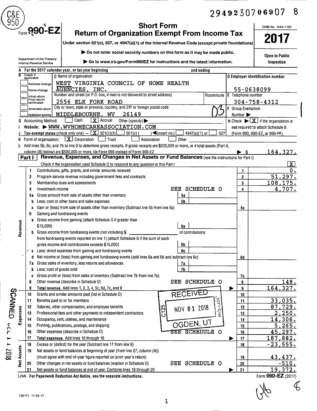 Image of first page of 2017 Form 990EZ for West Virginia Council of Home Health Agencies