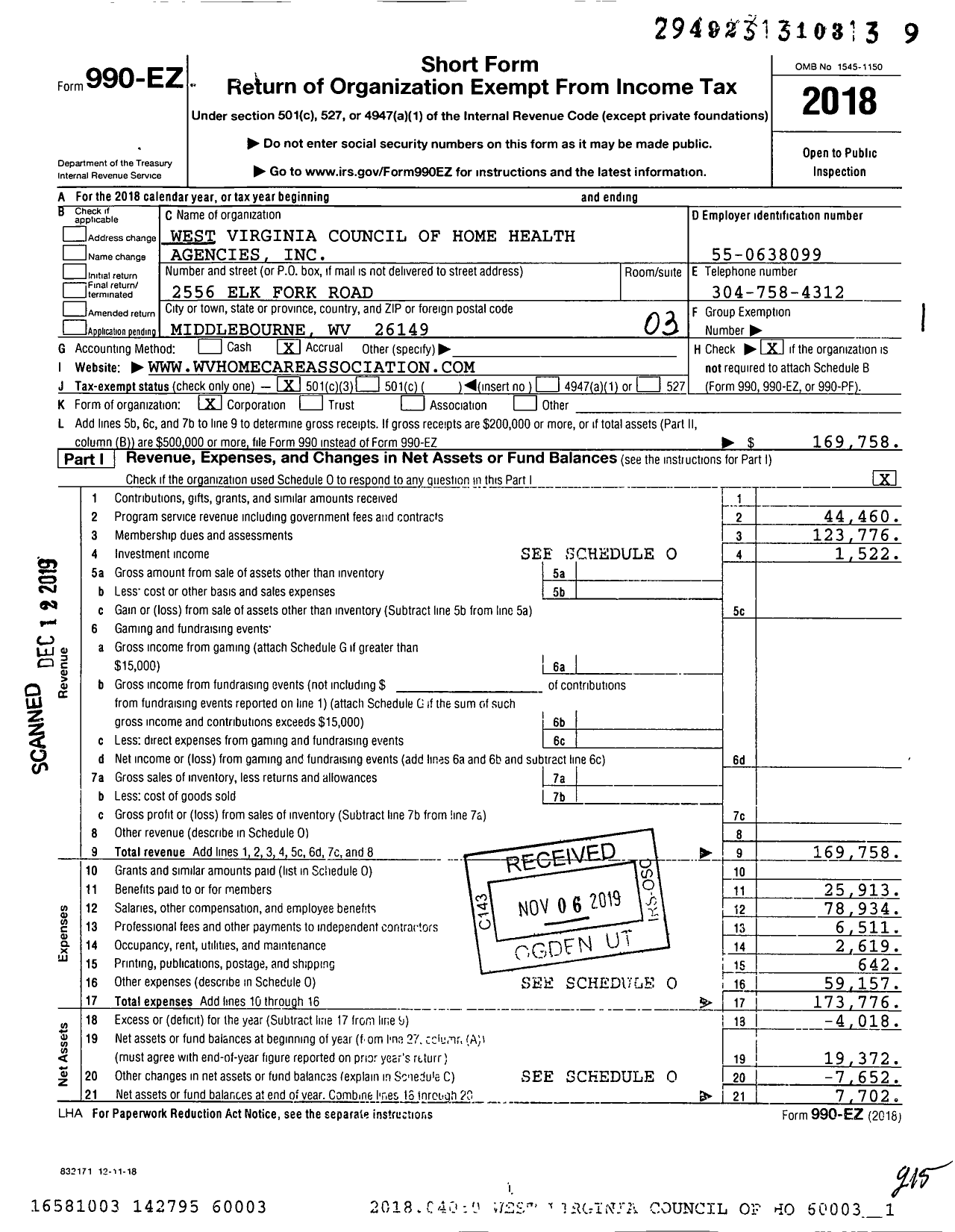 Image of first page of 2018 Form 990EZ for West Virginia Council of Home Health Agencies