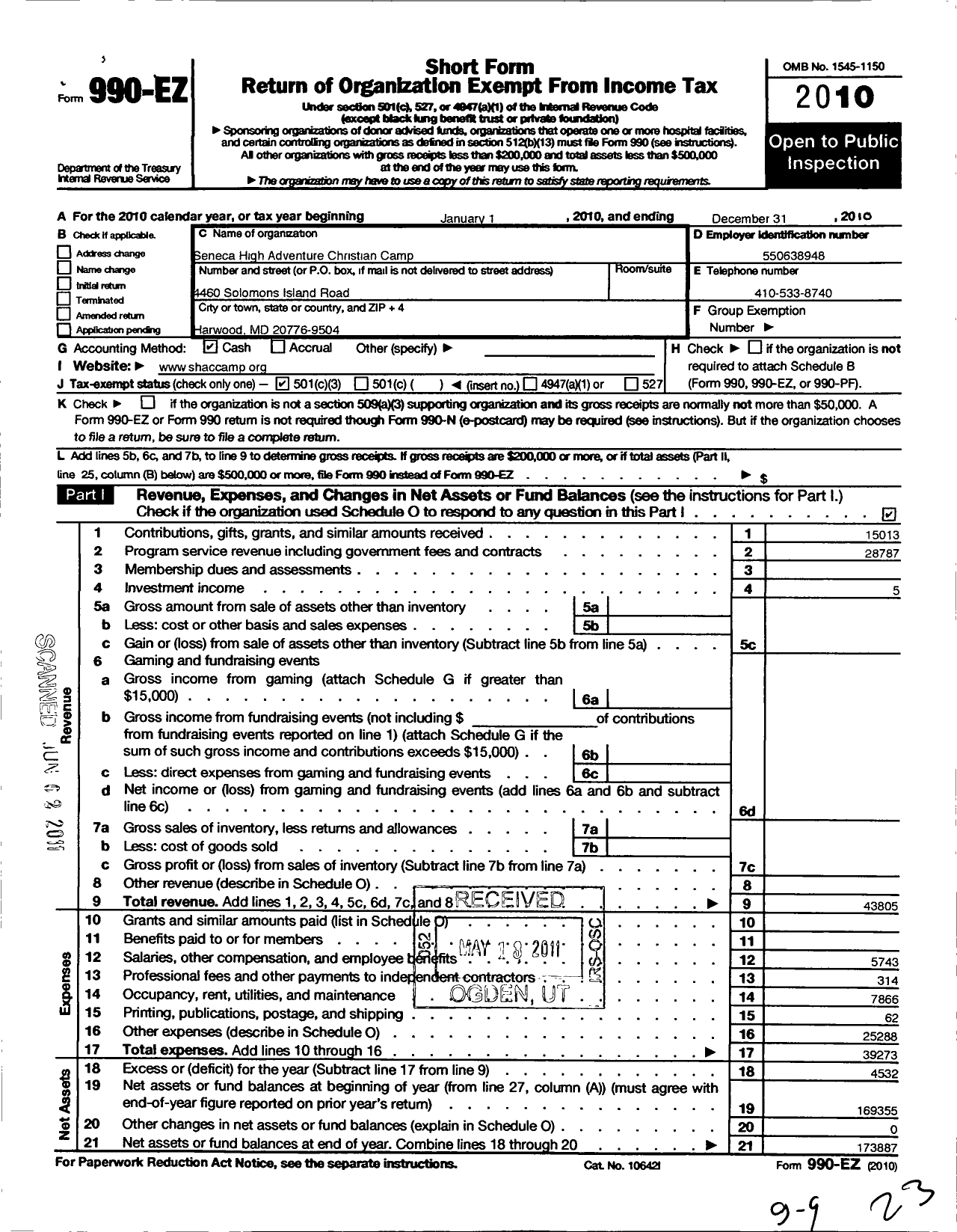 Image of first page of 2010 Form 990EZ for Seneca High Adventure Christian Camp - 9762