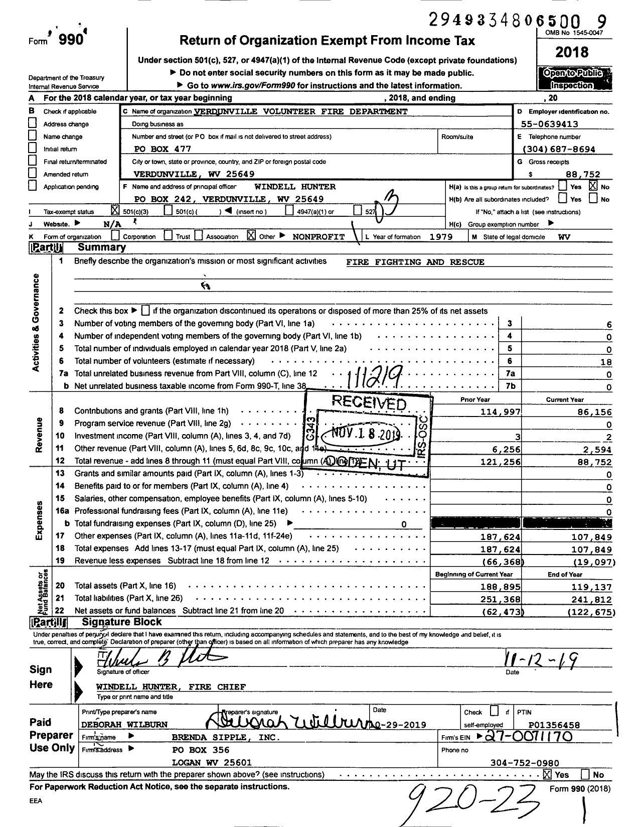 Image of first page of 2018 Form 990 for Verdunville Volunteer Fire Department