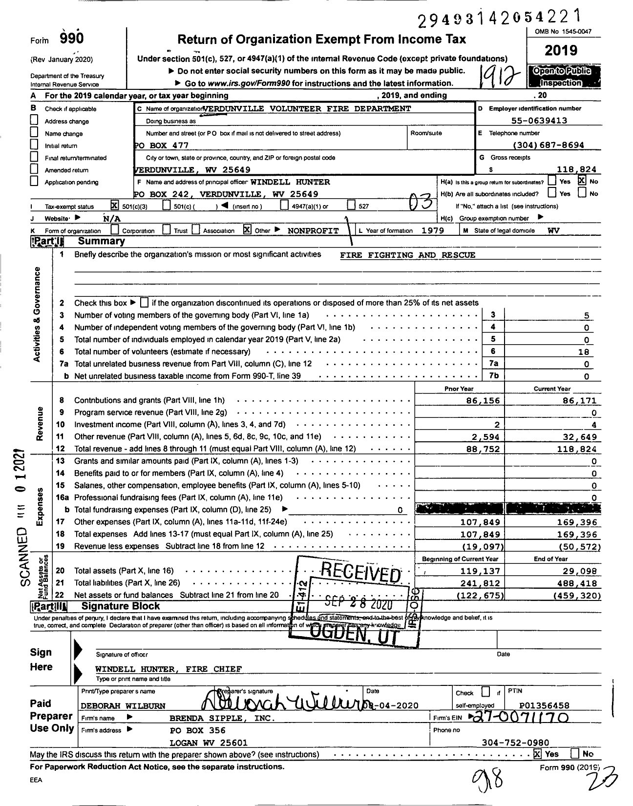 Image of first page of 2019 Form 990 for Verdunville Volunteer Fire Department