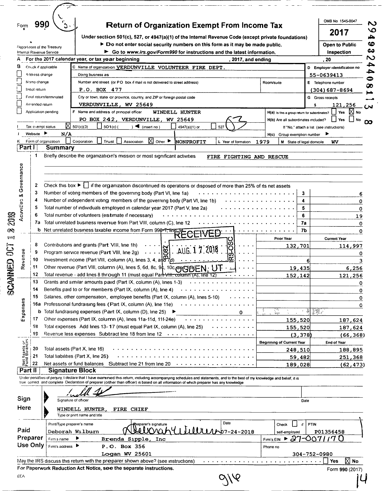 Image of first page of 2017 Form 990 for Verdunville Volunteer Fire Department