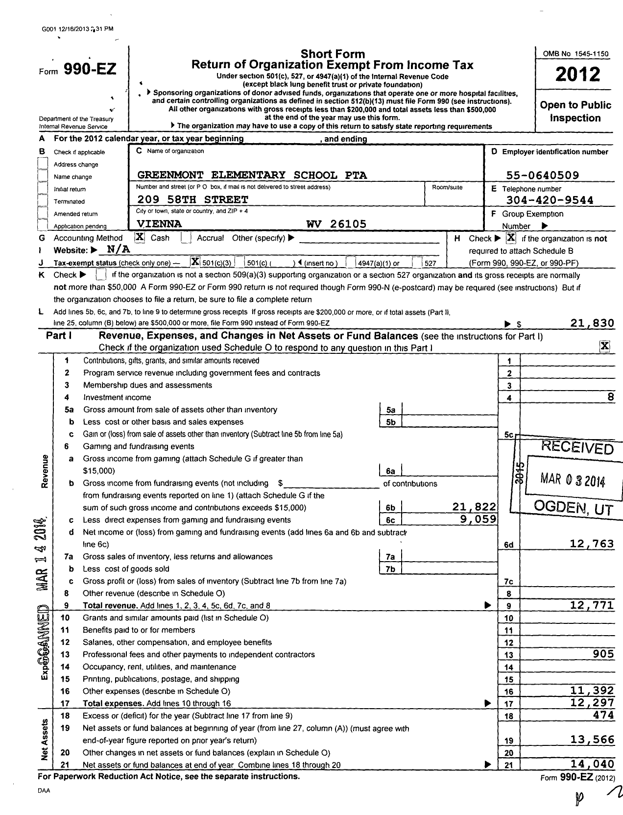 Image of first page of 2012 Form 990EZ for West Virginia Congress of Parents and Teachers / Greenmont School PTA