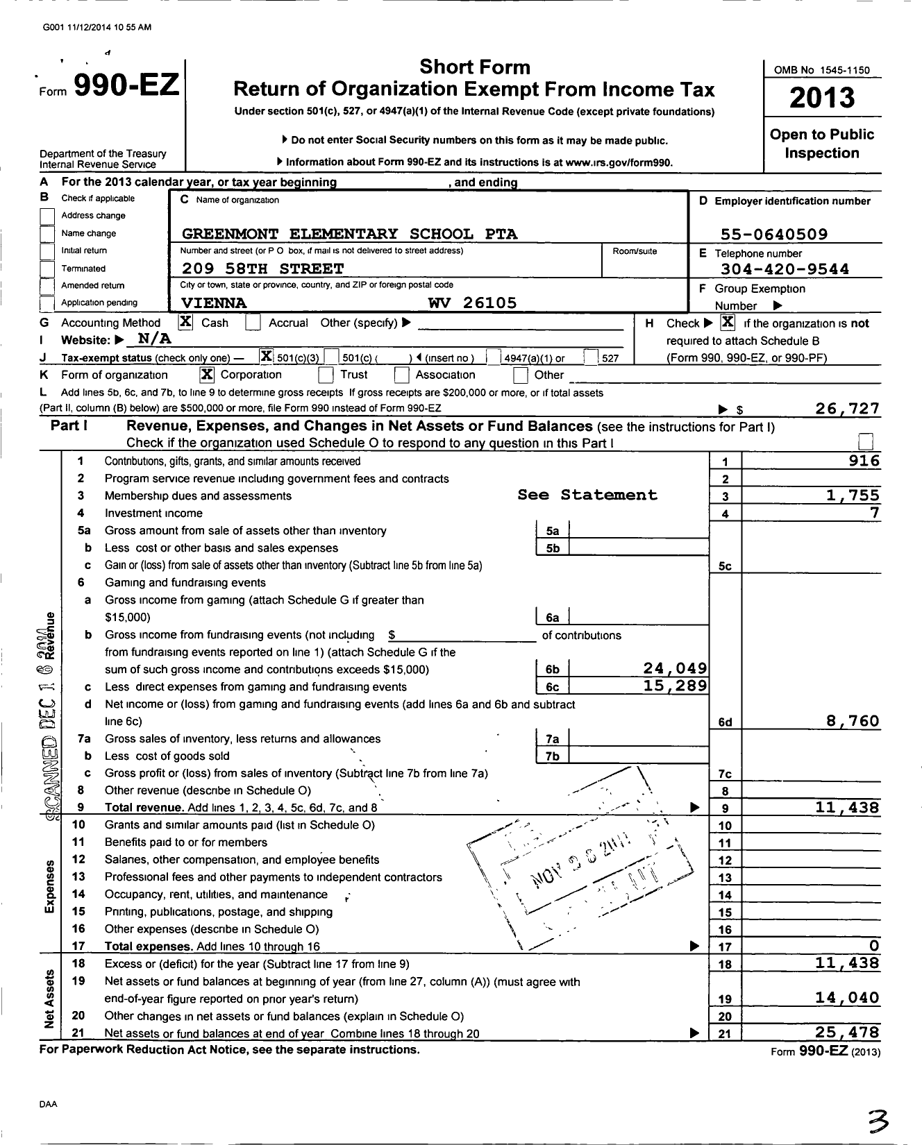 Image of first page of 2013 Form 990EZ for West Virginia Congress of Parents and Teachers / Greenmont School PTA