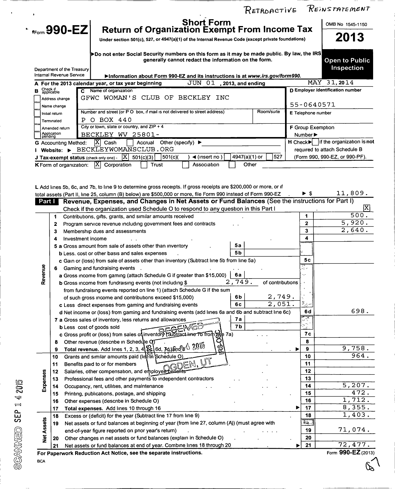 Image of first page of 2013 Form 990EZ for GFWC Womans Club of Beckley