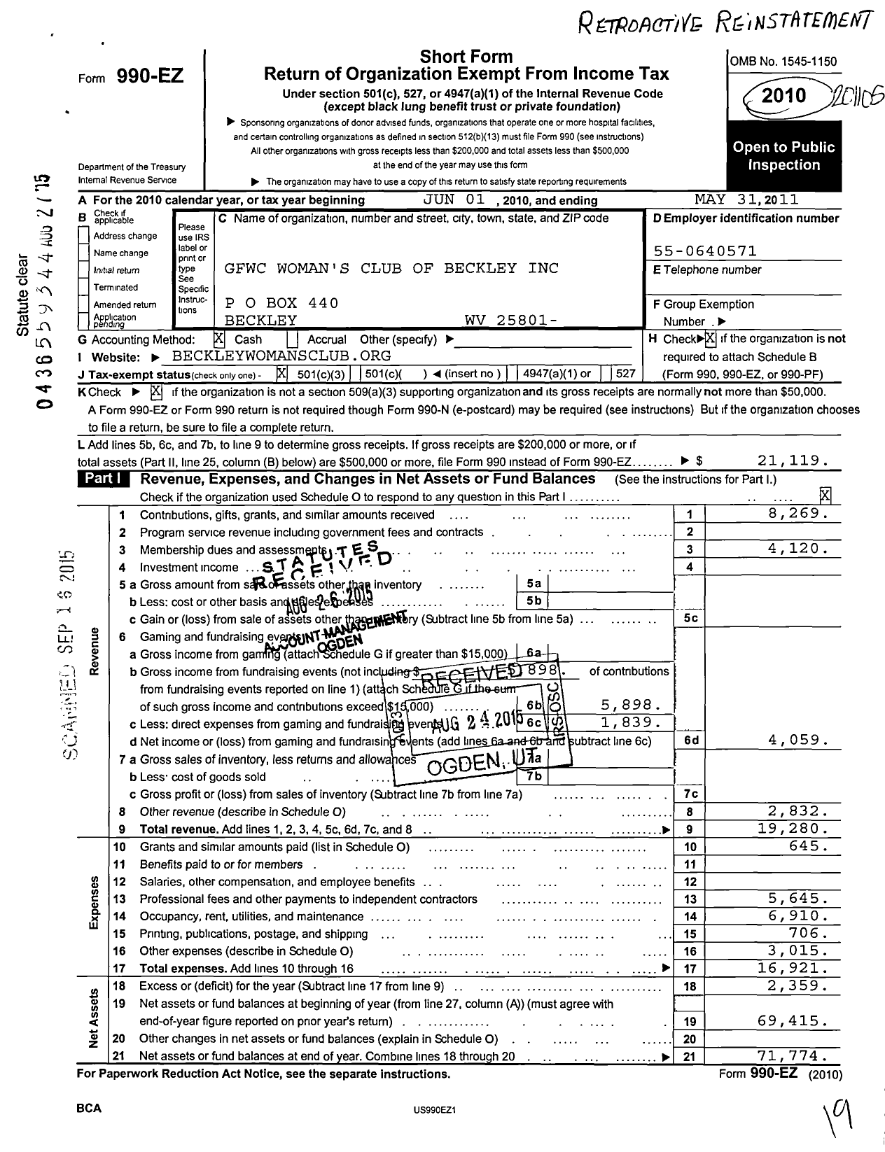 Image of first page of 2010 Form 990EZ for GFWC Womans Club of Beckley