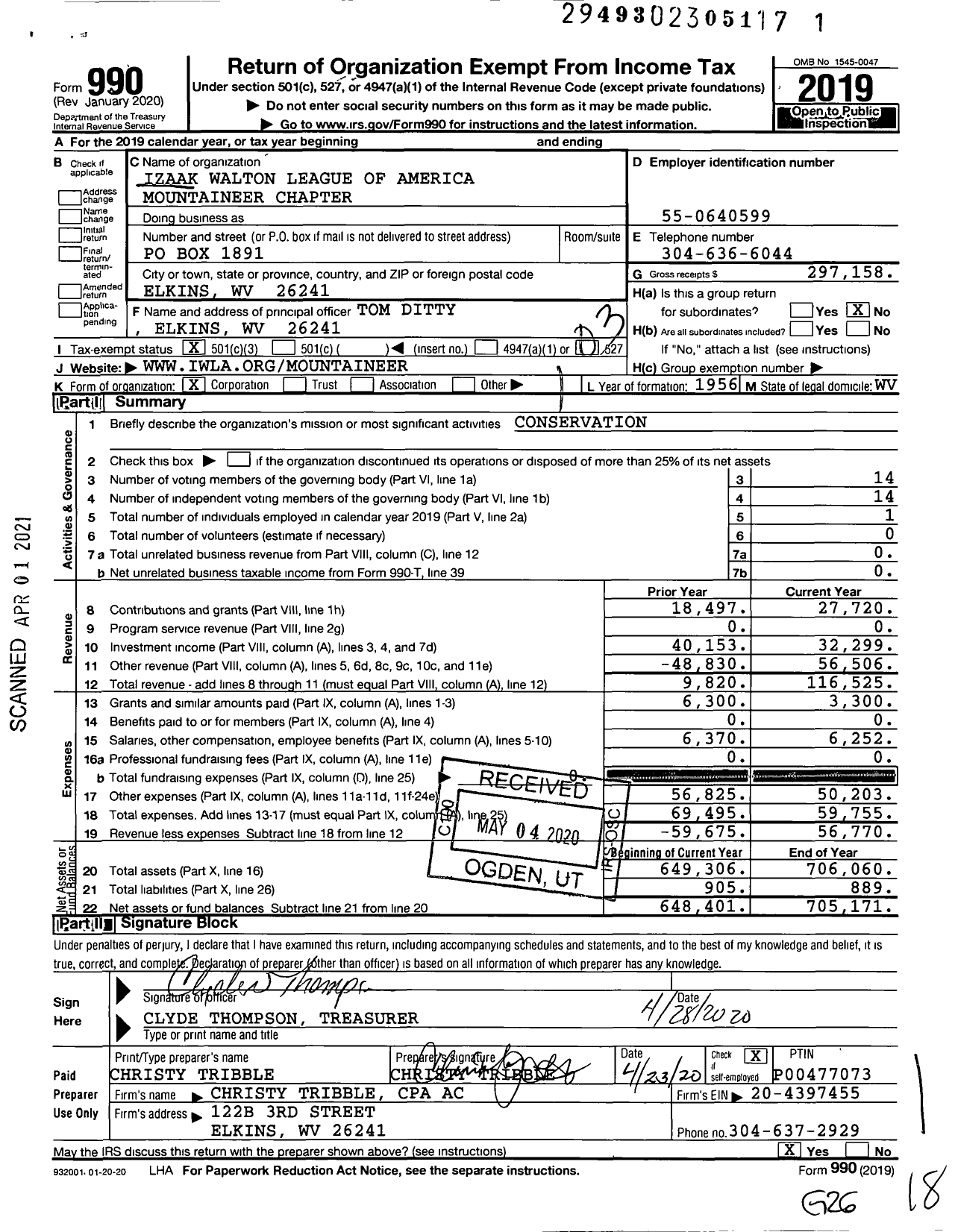 Image of first page of 2019 Form 990 for Izaak Walton League of America - Mountaineer Chapter