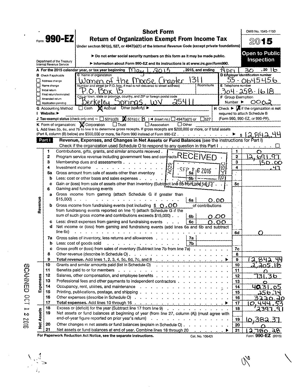 Image of first page of 2015 Form 990EO for Loyal Order of Moose - 1311