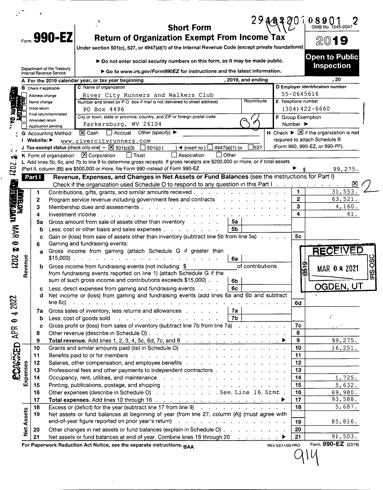 Image of first page of 2019 Form 990EZ for River City Runners and Walkers Club