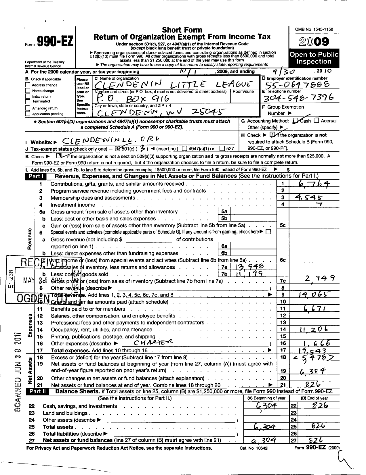 Image of first page of 2009 Form 990EZ for Little League Baseball 3480308 Clendenin LL