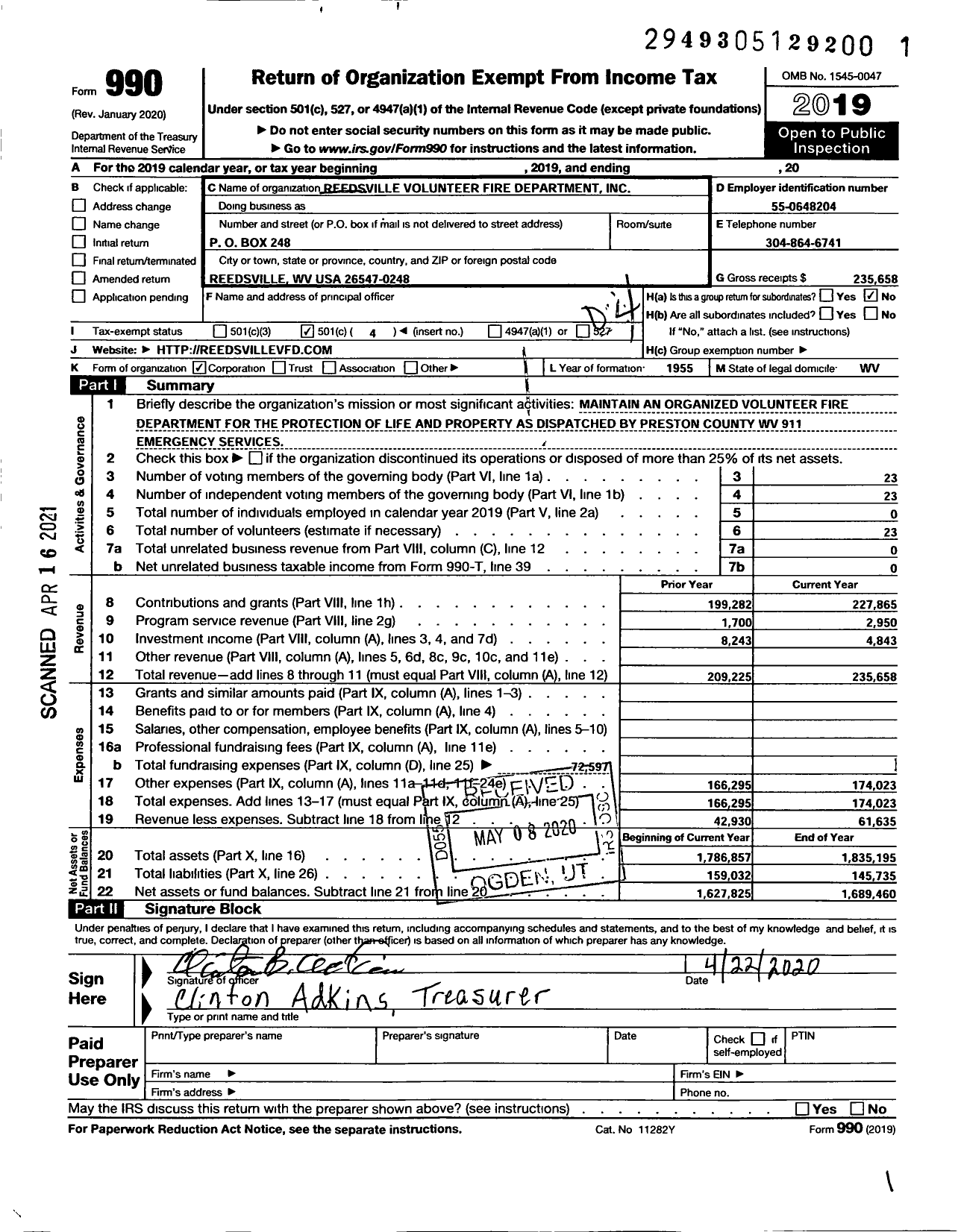 Image of first page of 2019 Form 990O for Reedsville Volunteer Fire Department