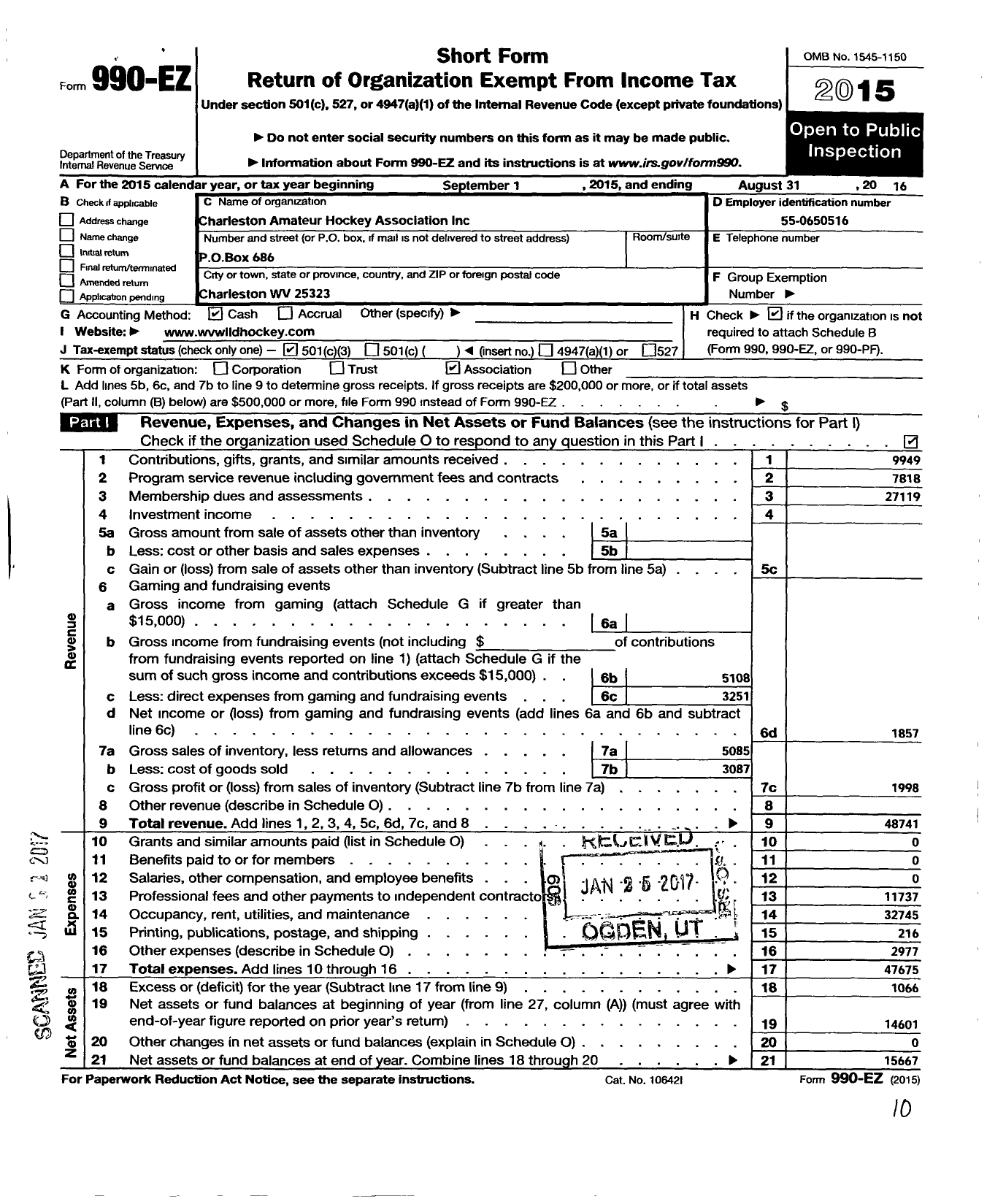 Image of first page of 2015 Form 990EZ for Charleston Amateur Hockey Association