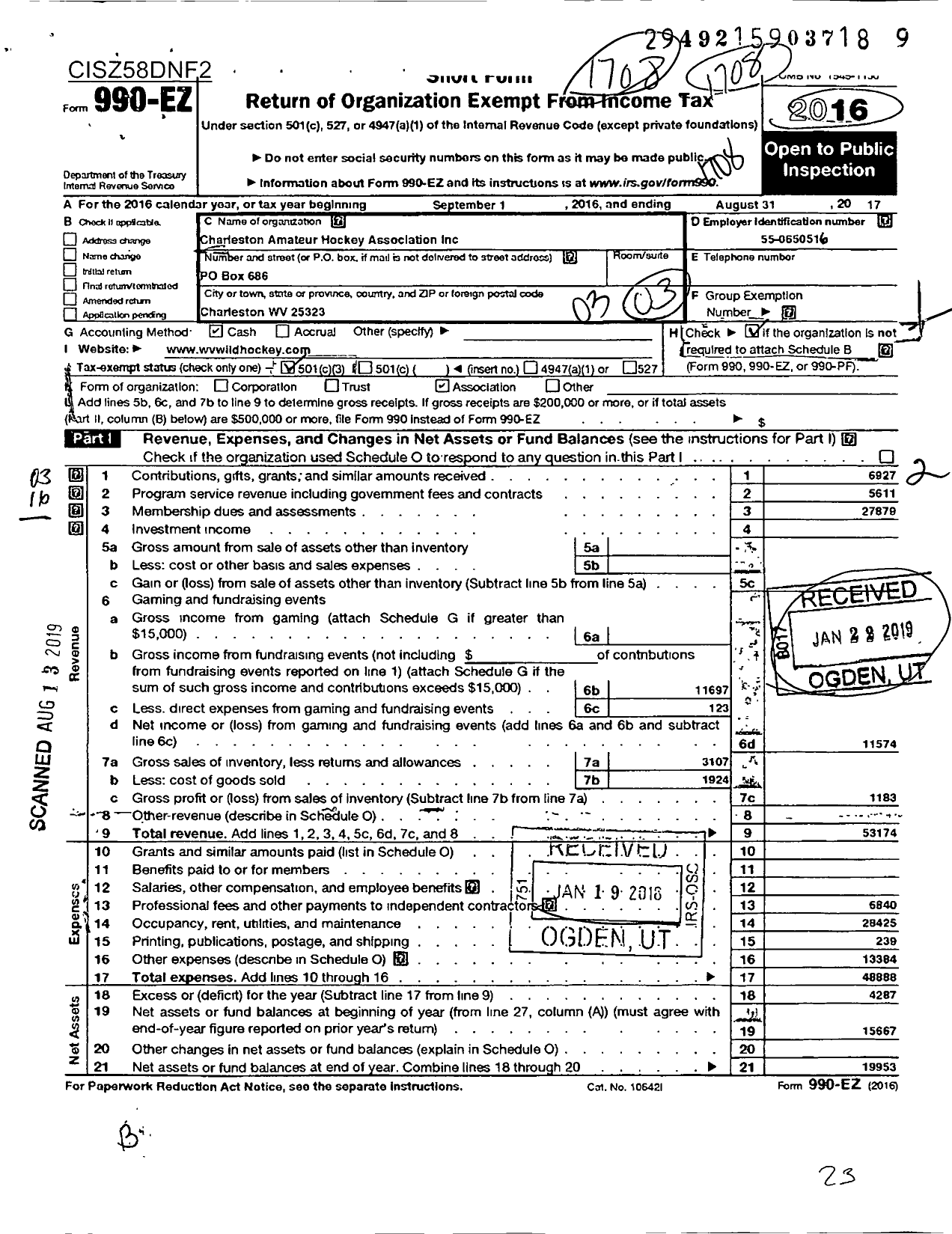 Image of first page of 2016 Form 990EZ for Charleston Amateur Hockey Association