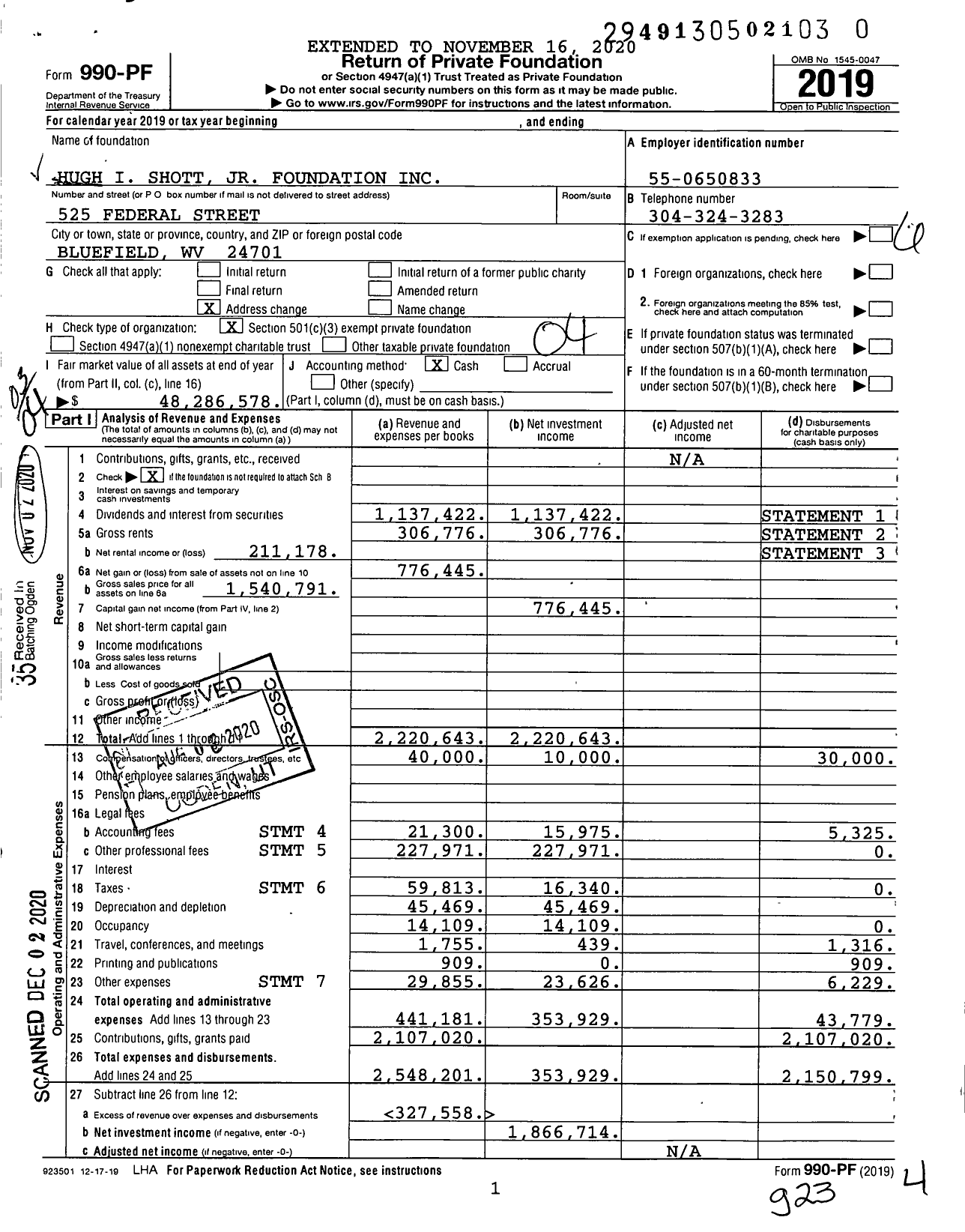 Image of first page of 2019 Form 990PF for Hugh I. Shott Jr. Foundation