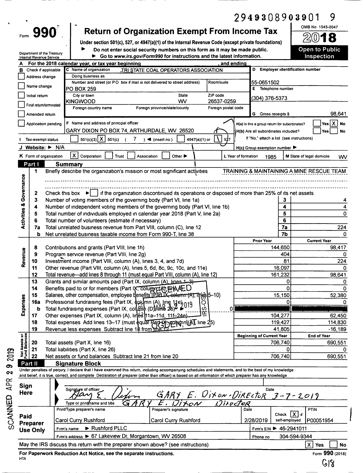 Image of first page of 2018 Form 990O for Tri State Coal Operators Association