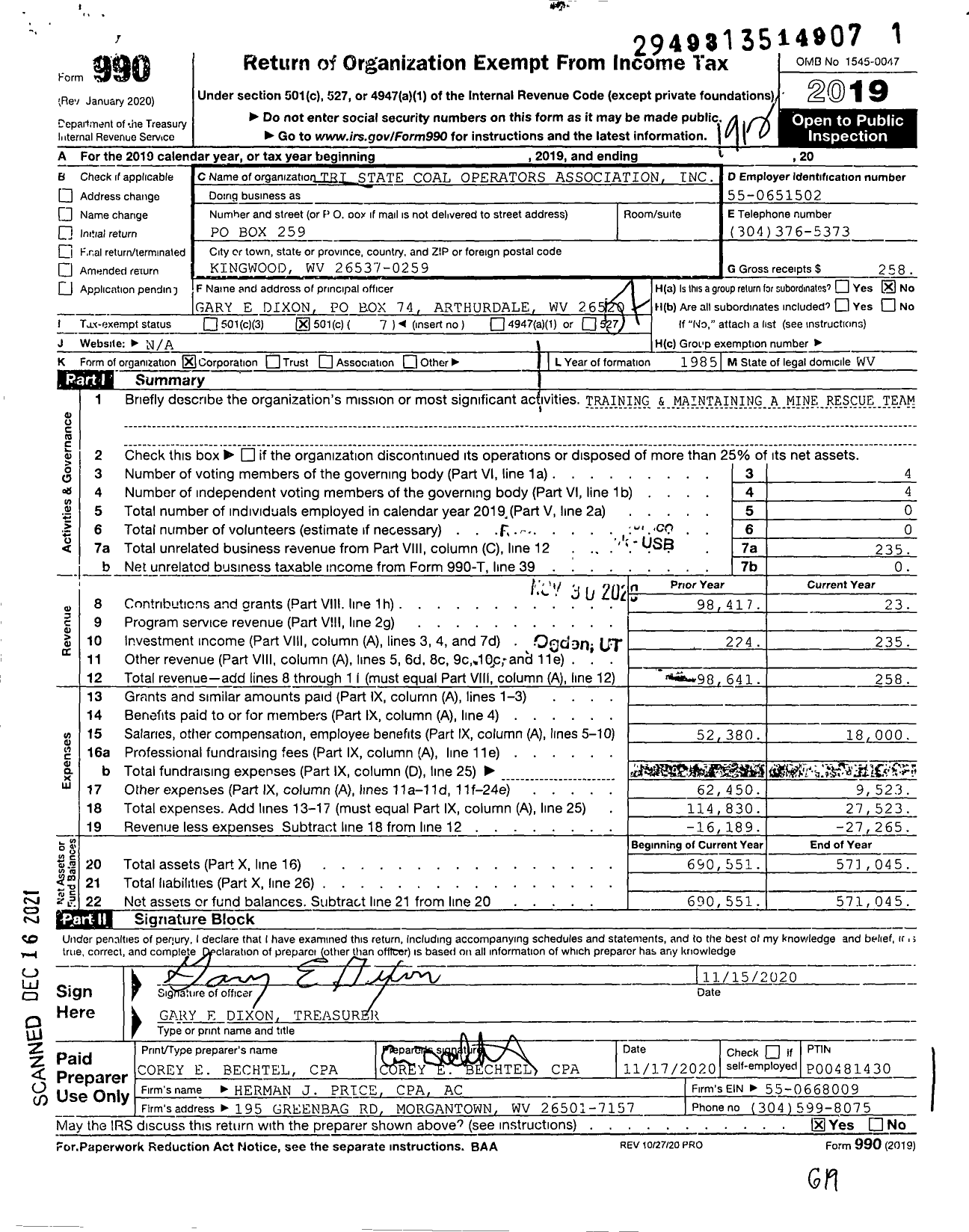 Image of first page of 2019 Form 990O for Tri State Coal Operators Association