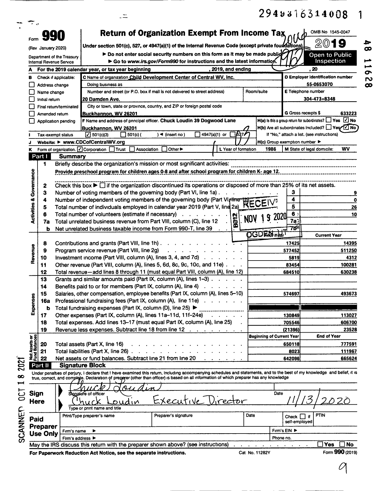 Image of first page of 2019 Form 990 for Child Development Center of Central WV