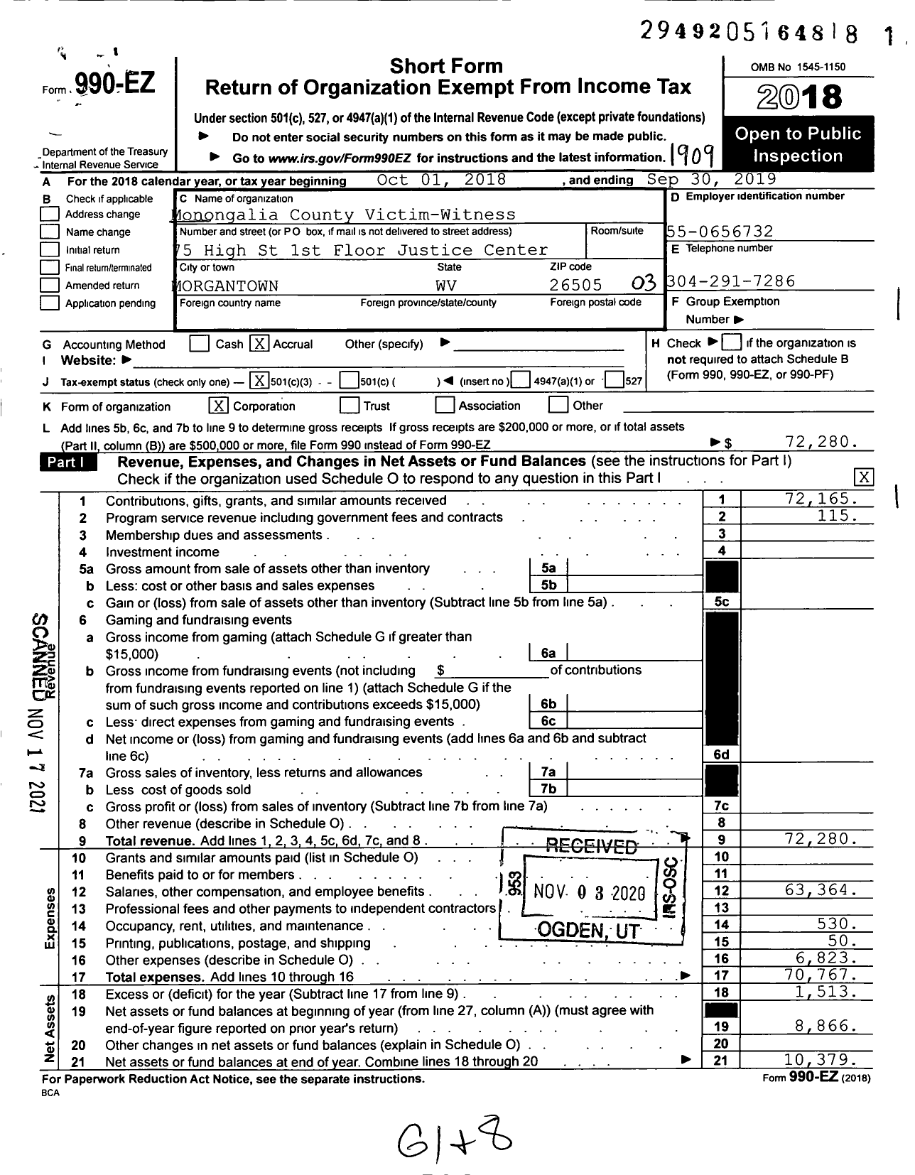 Image of first page of 2018 Form 990EZ for Monongalia County Victim-Witness Assistance Program