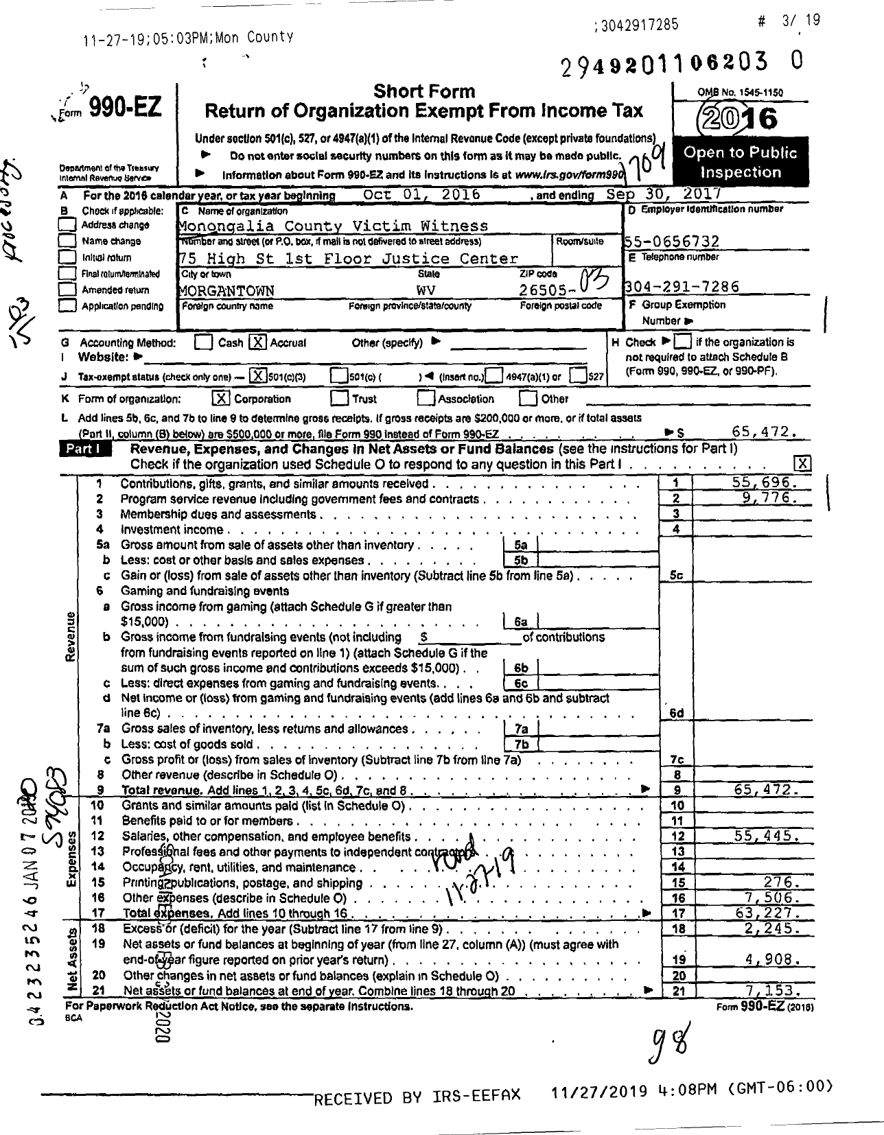 Image of first page of 2016 Form 990EZ for Monongalia County Victim-Witness Assistance Program