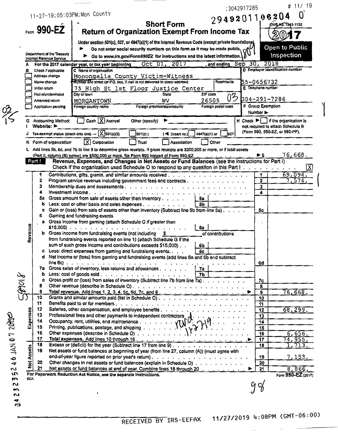 Image of first page of 2017 Form 990EZ for Monongalia County Victim-Witness Assistance Program