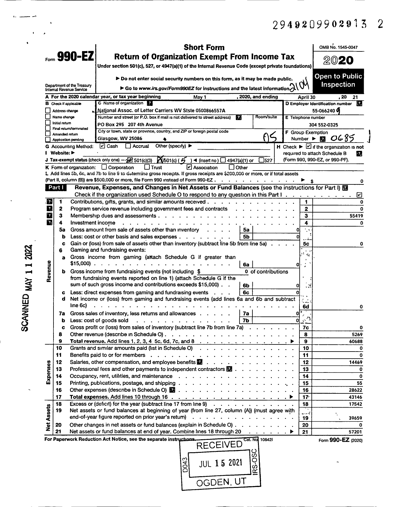 Image of first page of 2020 Form 990EO for National Association of Letter Carriers - West Virginia State