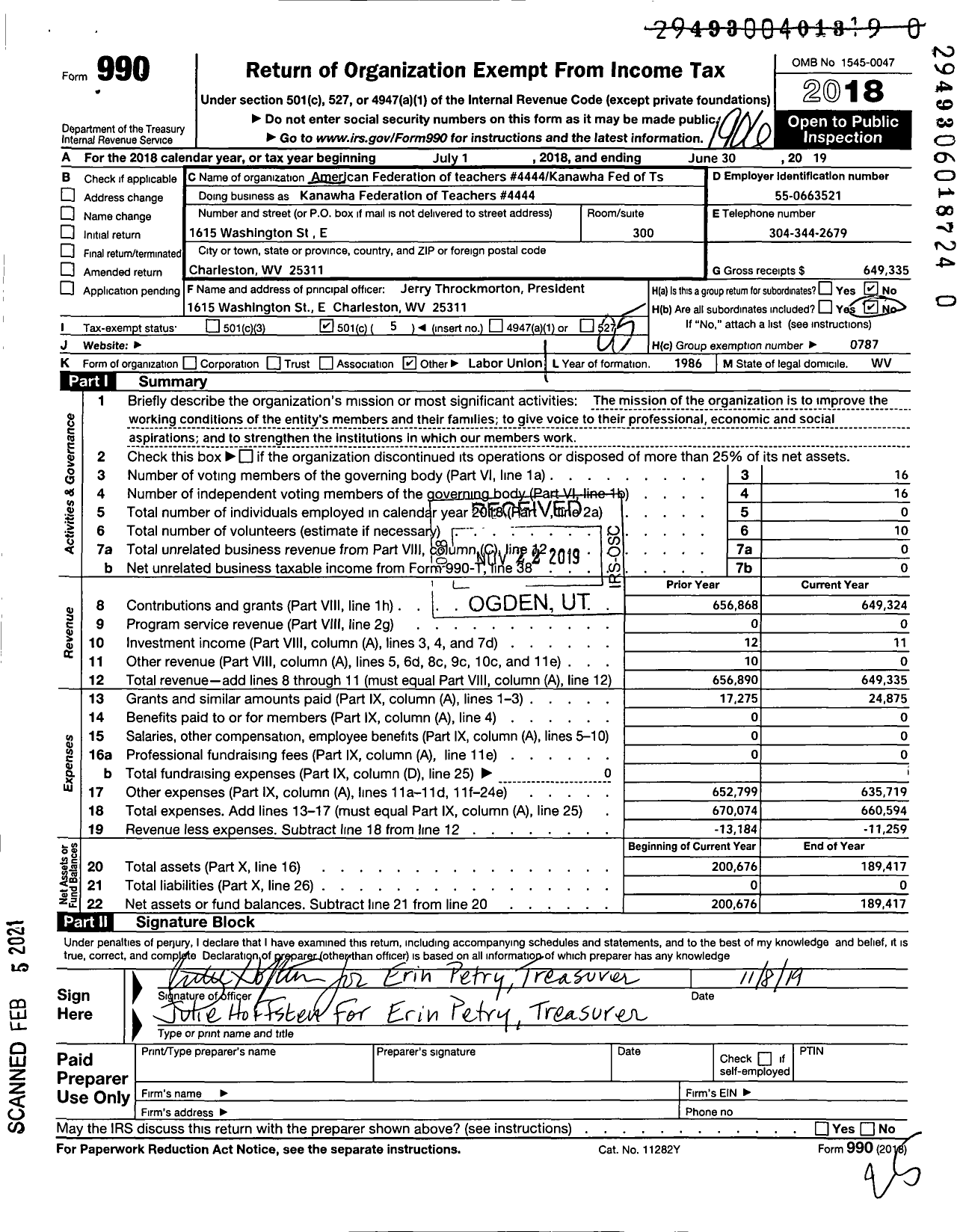 Image of first page of 2018 Form 990O for American Federation of Teachers 4444 Kanawha Fed of TS