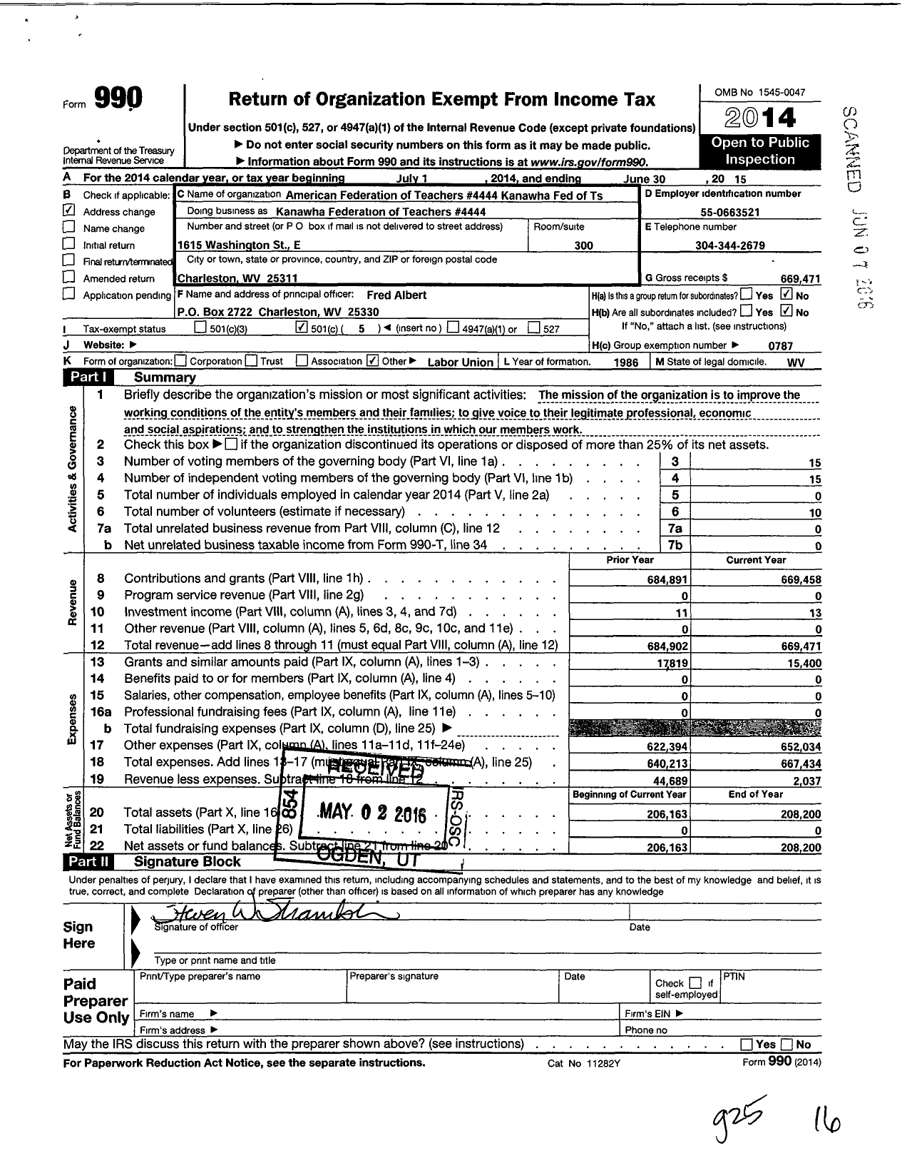 Image of first page of 2014 Form 990O for American Federation of Teachers 4444 Kanawha Fed of TS