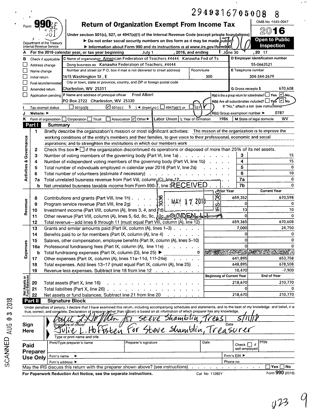 Image of first page of 2016 Form 990O for American Federation of Teachers 4444 Kanawha Fed of TS