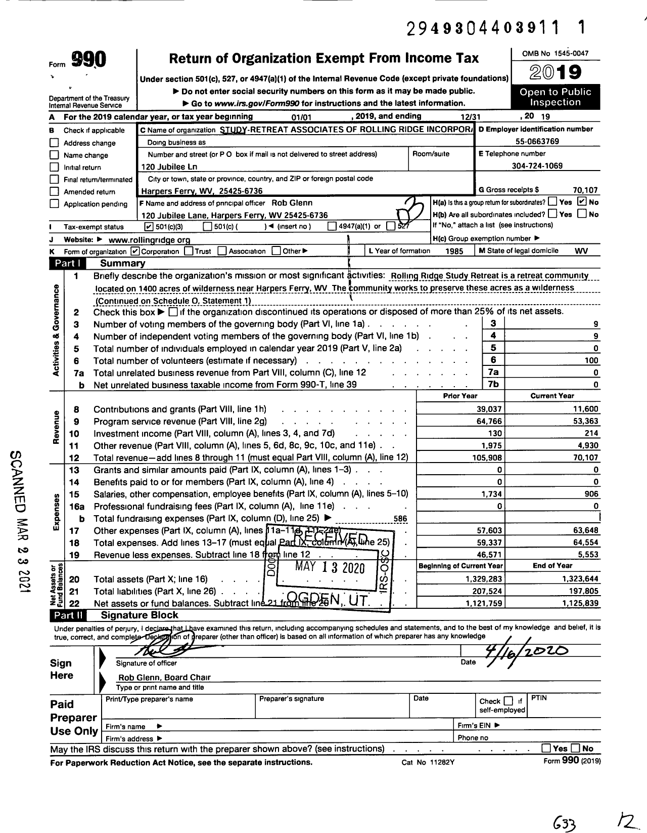 Image of first page of 2019 Form 990 for Study-Retreat Associates of Rolling Ridge Incorporated